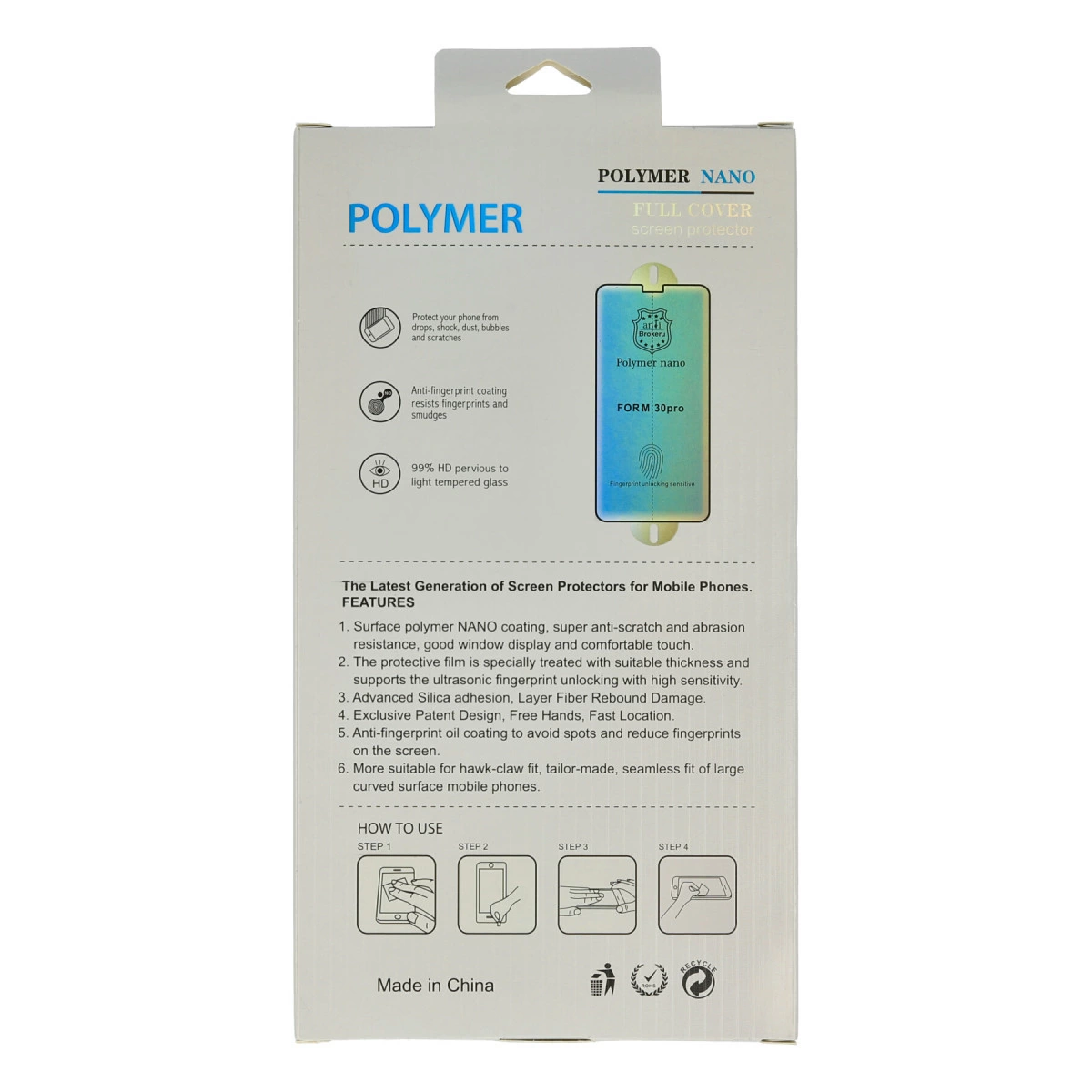 Ekran koruyucu ambalajı: Polymer Nano Full Cover Form 30pro için.