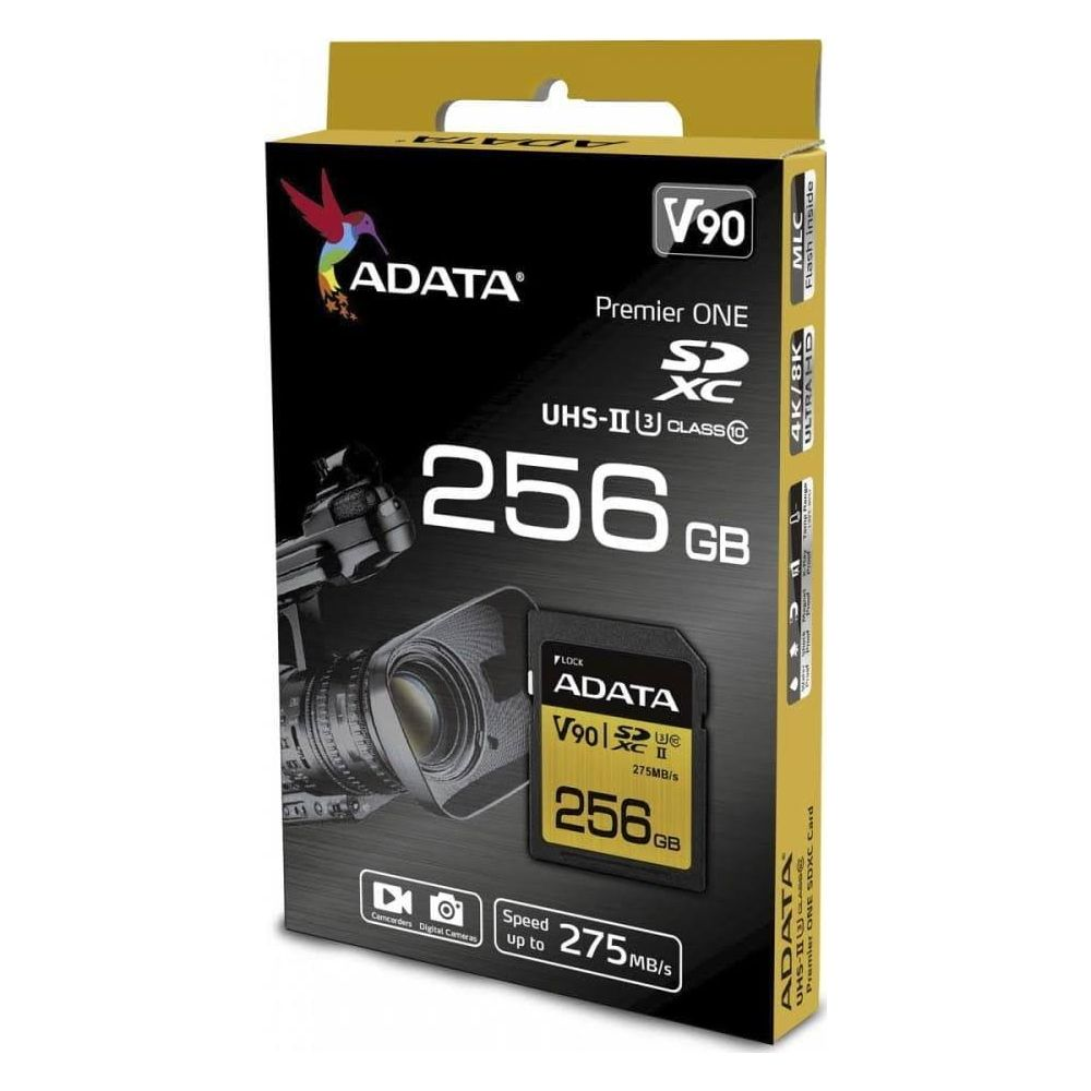 Carte SDXC ADATA V90 de 256 Go, pour 4K/8K, avec image de caméra.