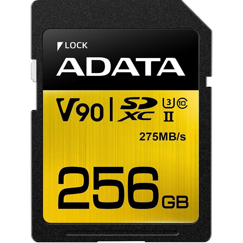 Une carte mémoire ADATA 256Go SDXC V90 avec 275 Mo/s en lecture/écriture.