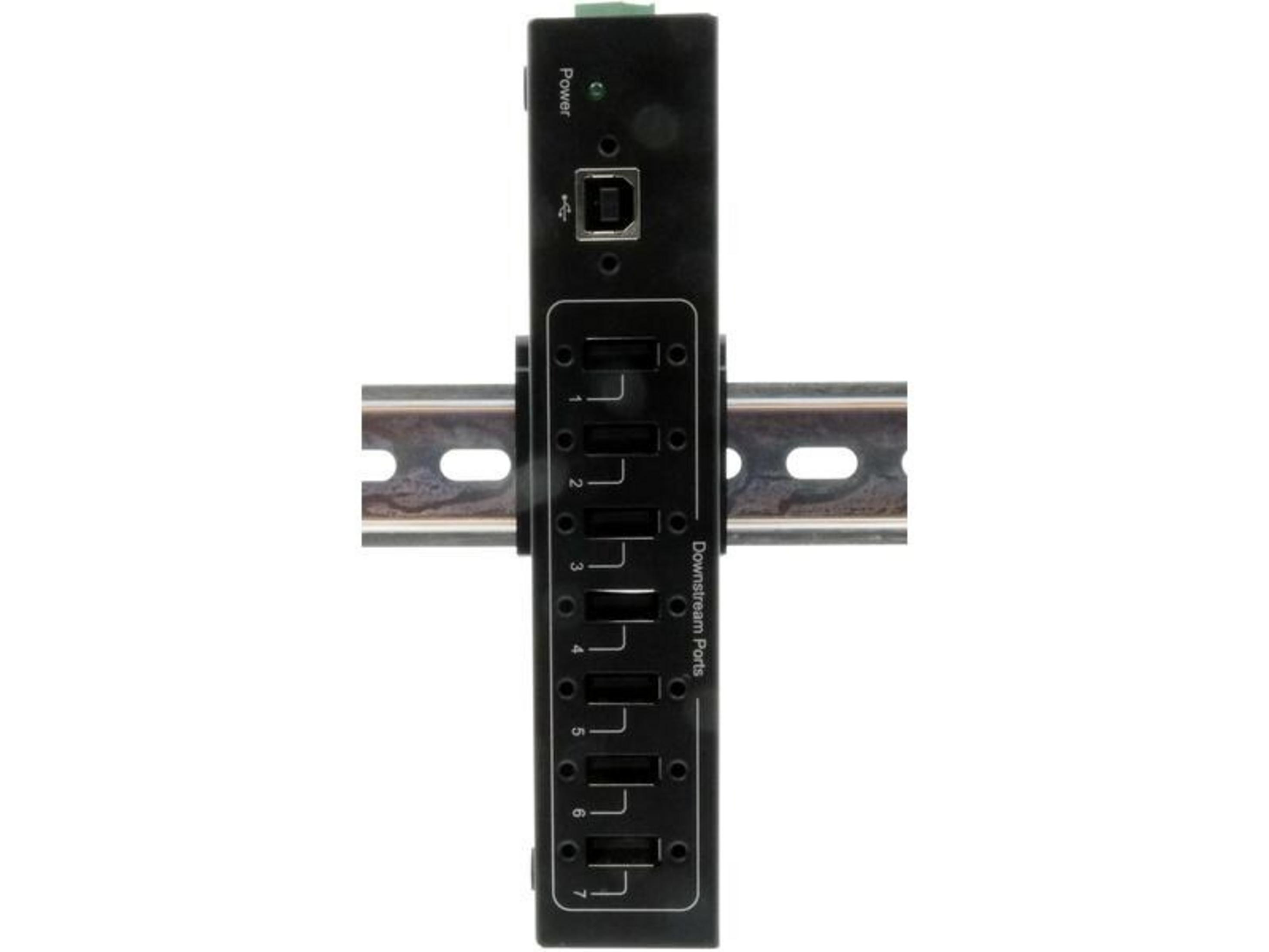 Hub USB noir 7 ports monté sur rail DIN, avec connexion d'alimentation et USB.