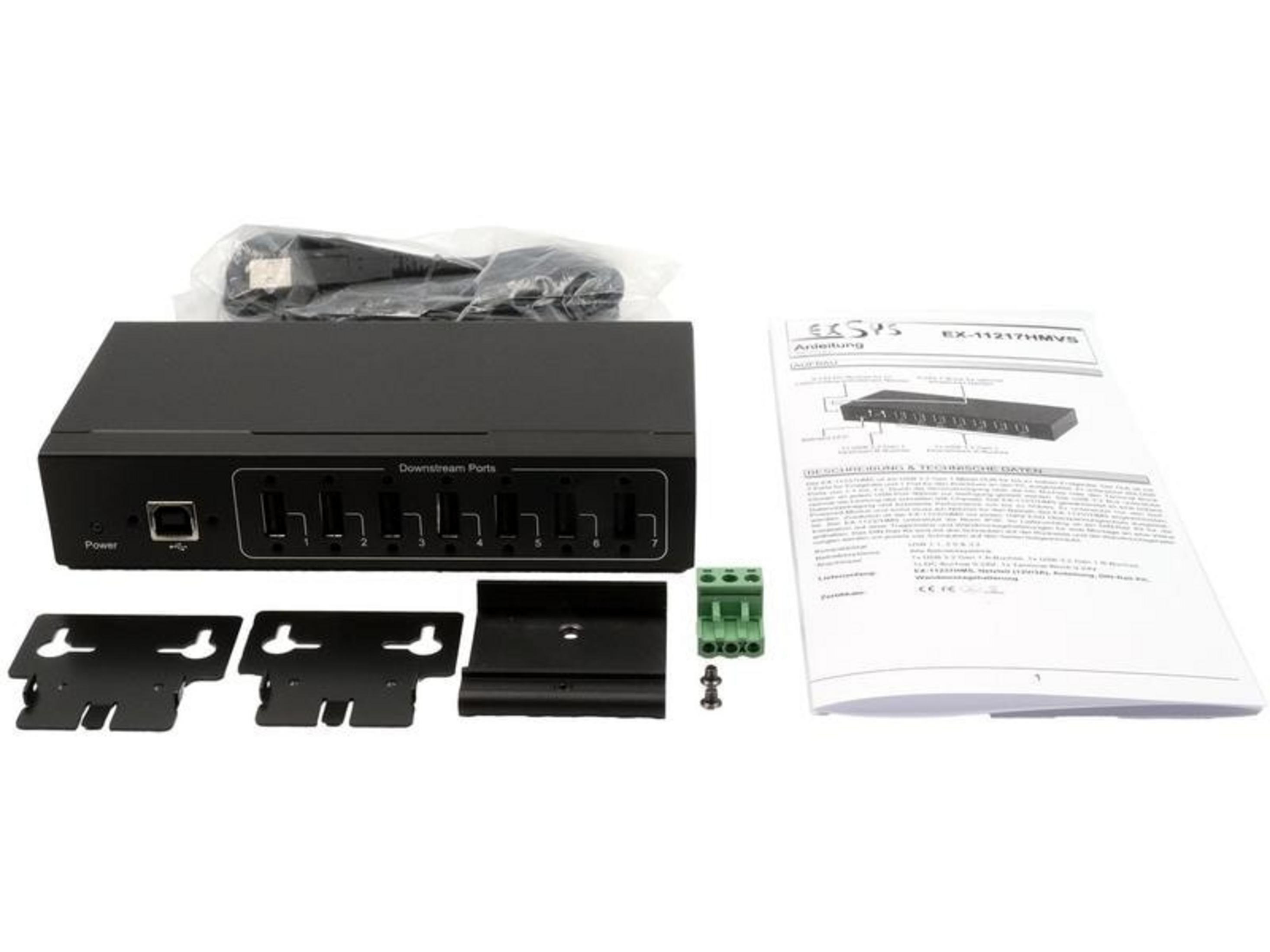 Hub USB noir 7 ports avec manuel et supports de montage.