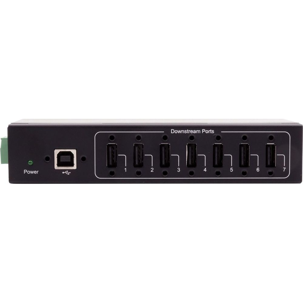 Un hub USB noir à sept ports avec une LED d'alimentation verte.