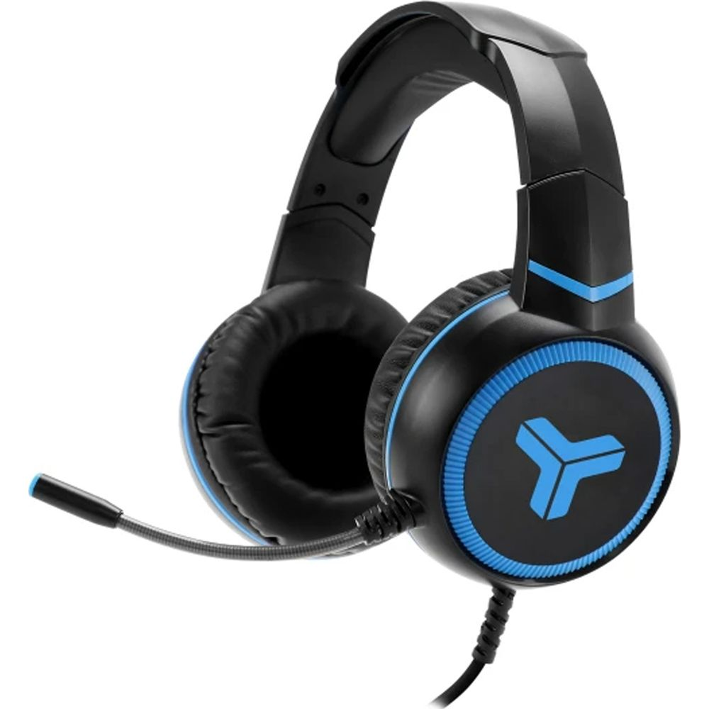 Casque gamer noir avec accents bleus et microphone.