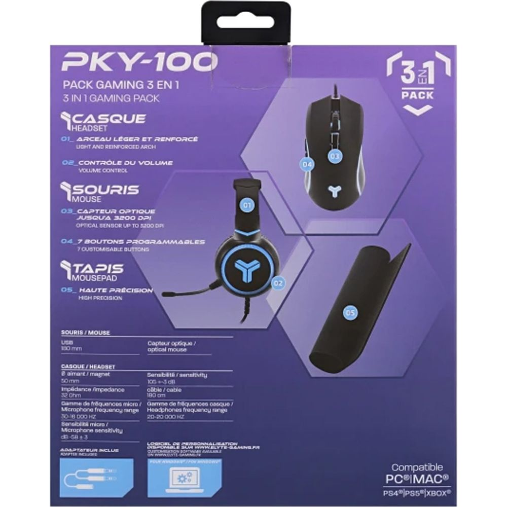 Emballage d'un set de gaming 3 en 1 : souris, casque et tapis, avec détails.