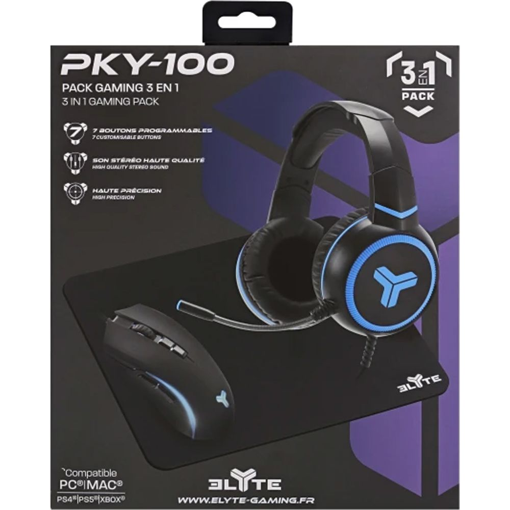Casque et souris gaming avec accents bleus sur un tapis noir. Emballage en arrière-plan.