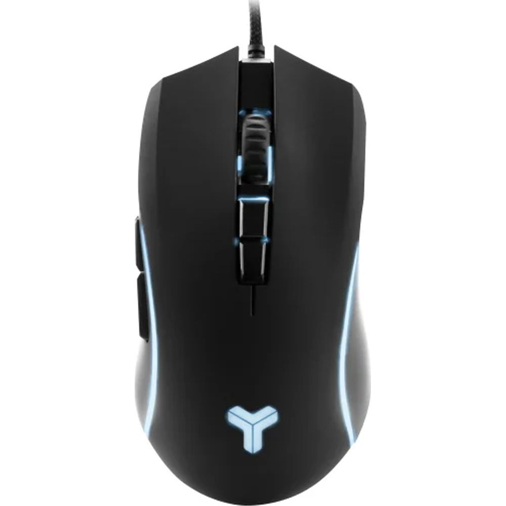 Souris gaming noire avec logo et molette rétroéclairés en bleu.