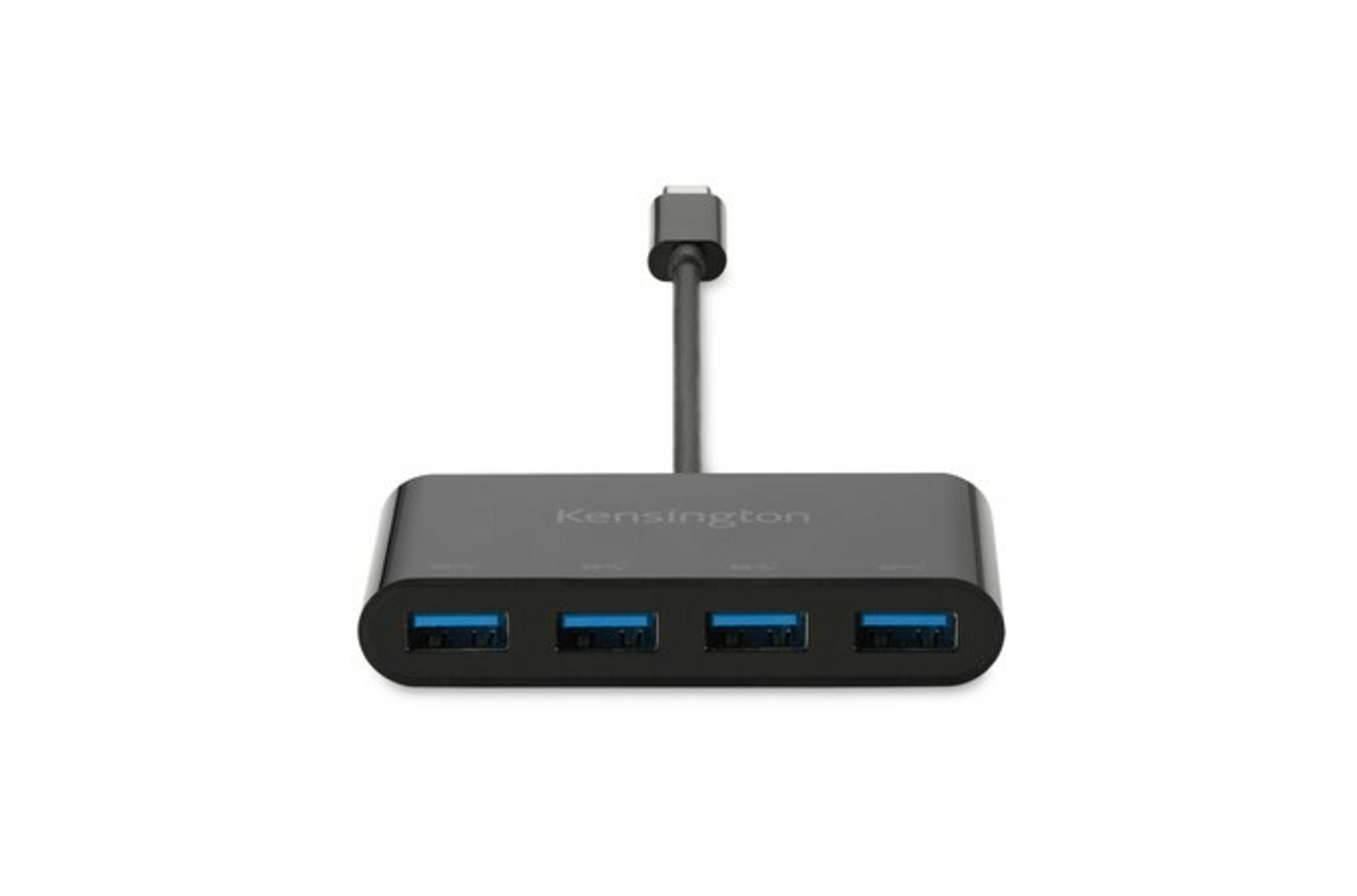 Schwarzer Kensington USB-C Hub mit vier blauen USB 3.0 Anschlüssen.