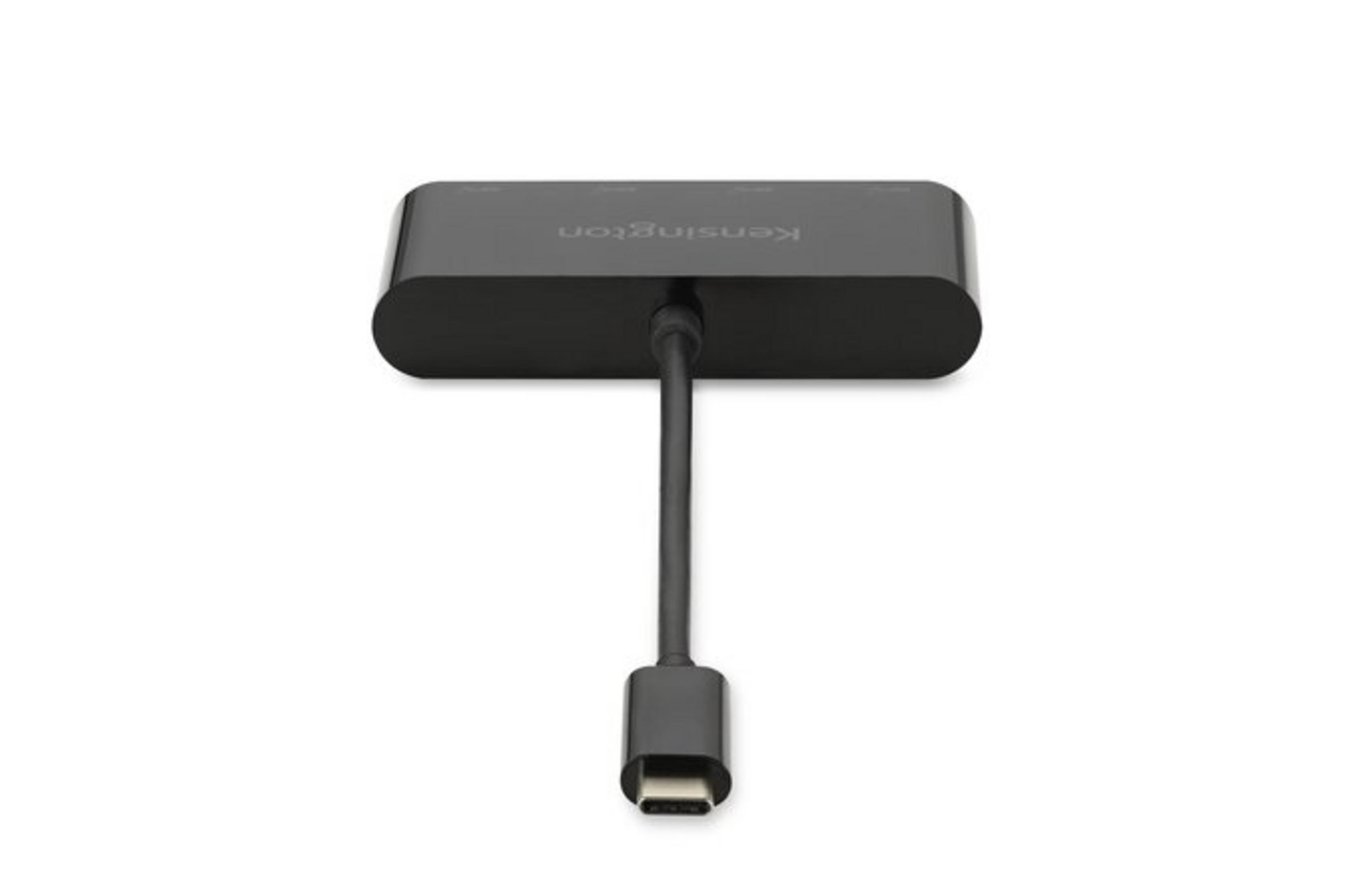 Schwarzer USB-C-Hub mit Kabel und Anschluss auf weißem Hintergrund.
