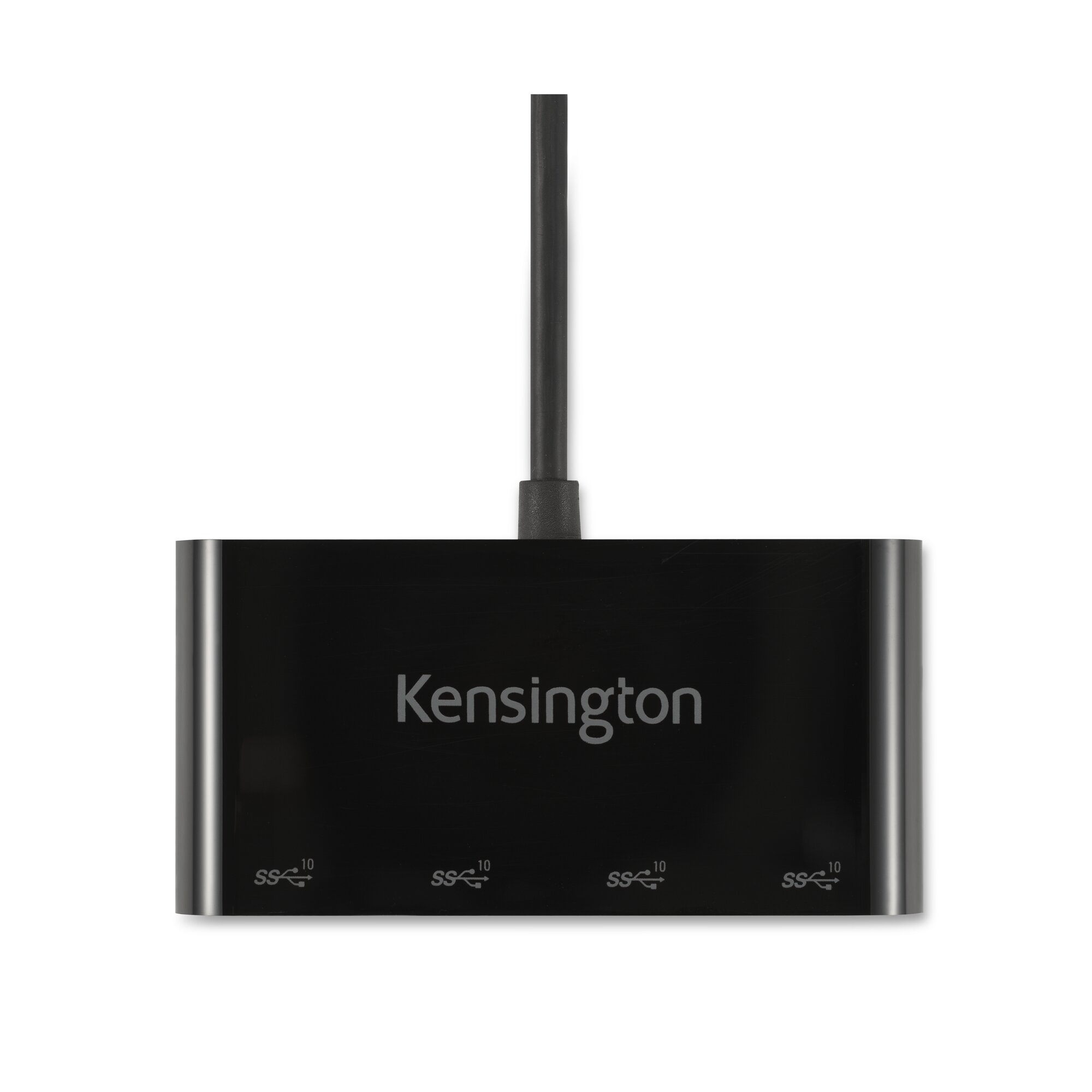 Schwarzer Kensington USB-C Hub mit vier SS 10 Anschlüssen und Kabel.