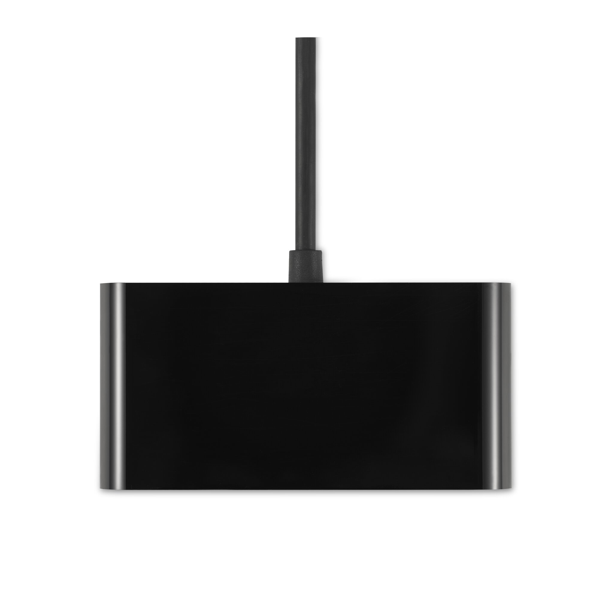 Schwarzer Adapter mit Kabel, auf weißem Hintergrund.