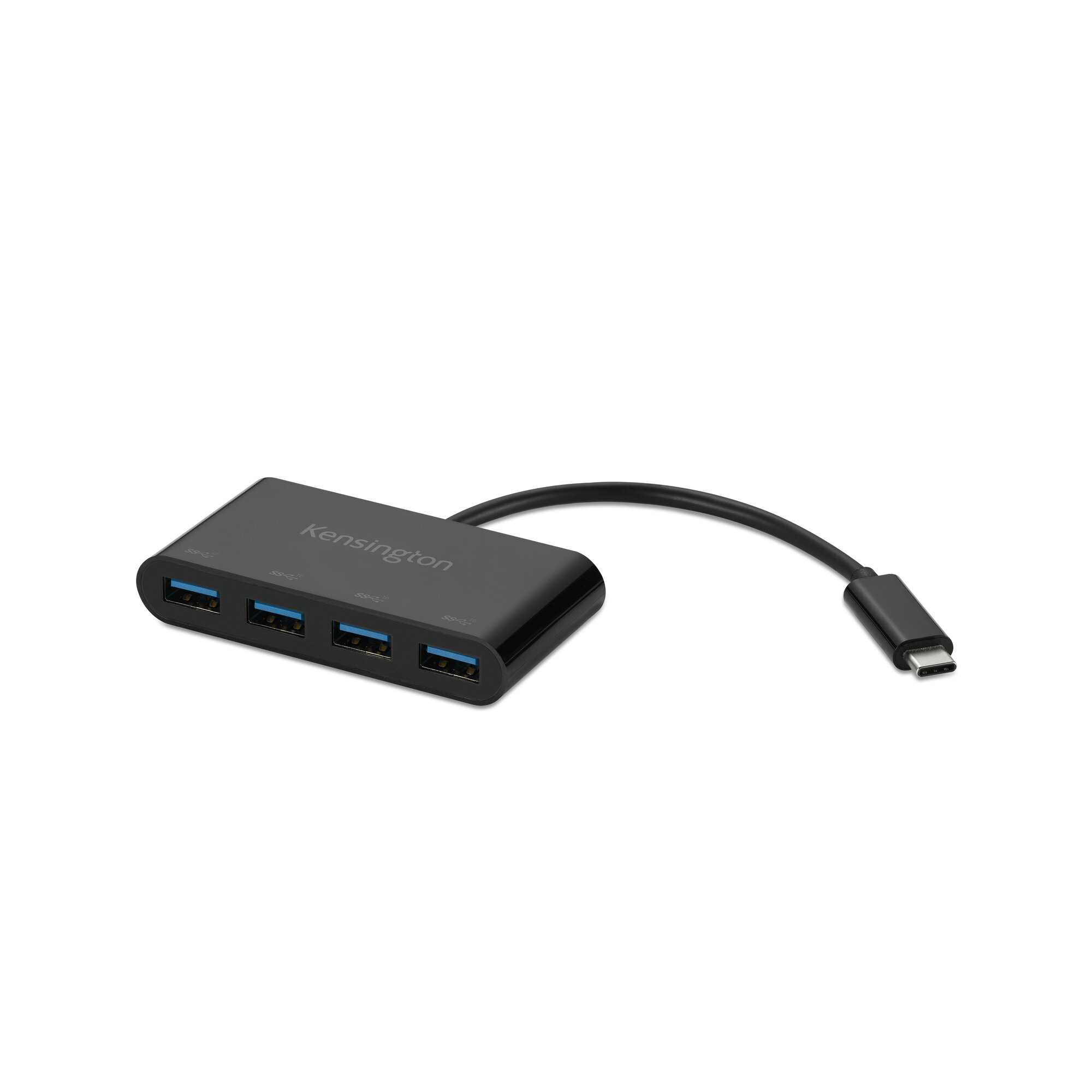 Schwarzer USB-C-Hub mit vier USB-A-Anschlüssen und Kabel.