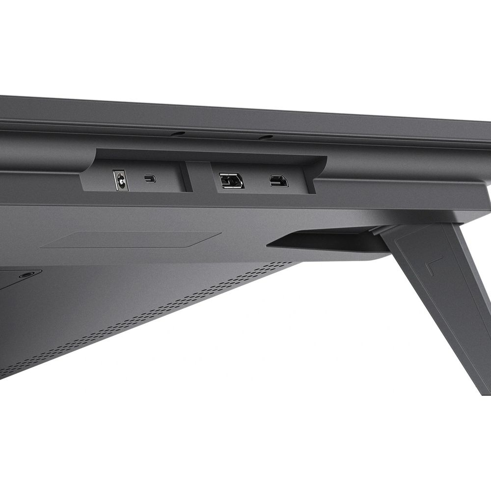 Nahaufnahme von Anschlüssen an einem schwarzen Monitor: Strom, USB-C, HDMI.