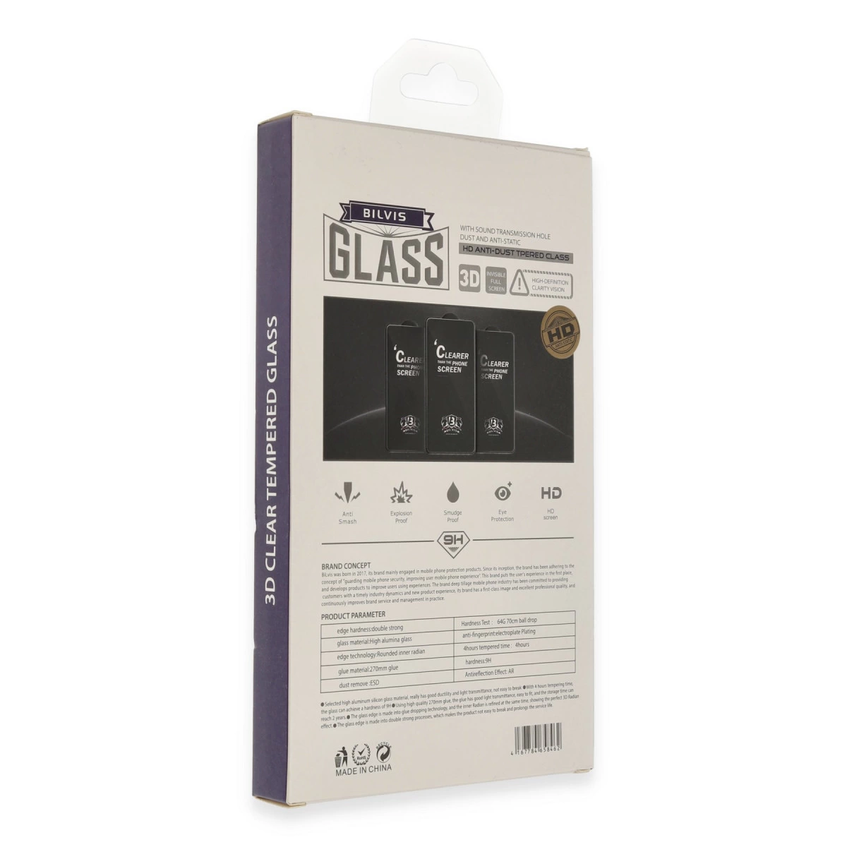 Bilvis 3D Clear Temperli Cam ekran koruyucu kutusu. HD, toz ve darbe önleyici özellikli.