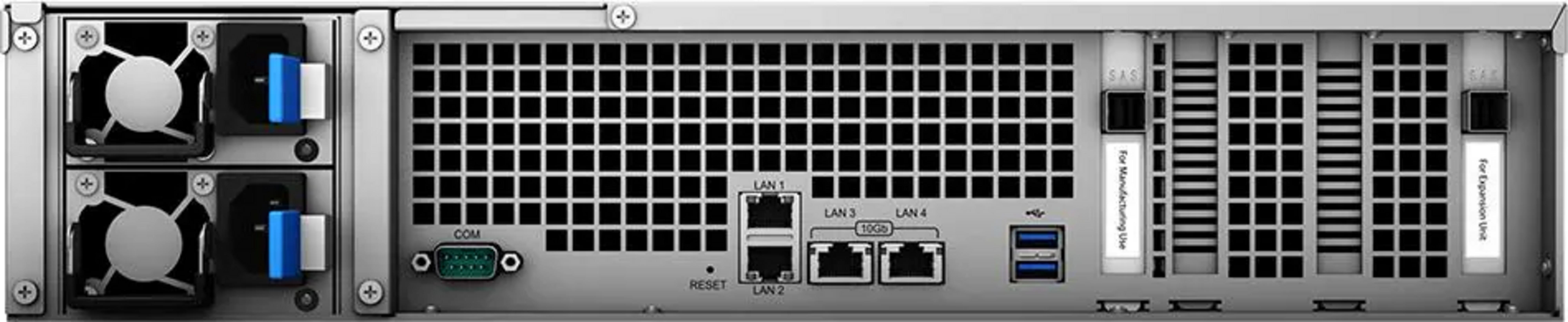 Rückseite eines Servers mit Lüftern, Anschlüssen wie LAN, USB, COM und SAS.
