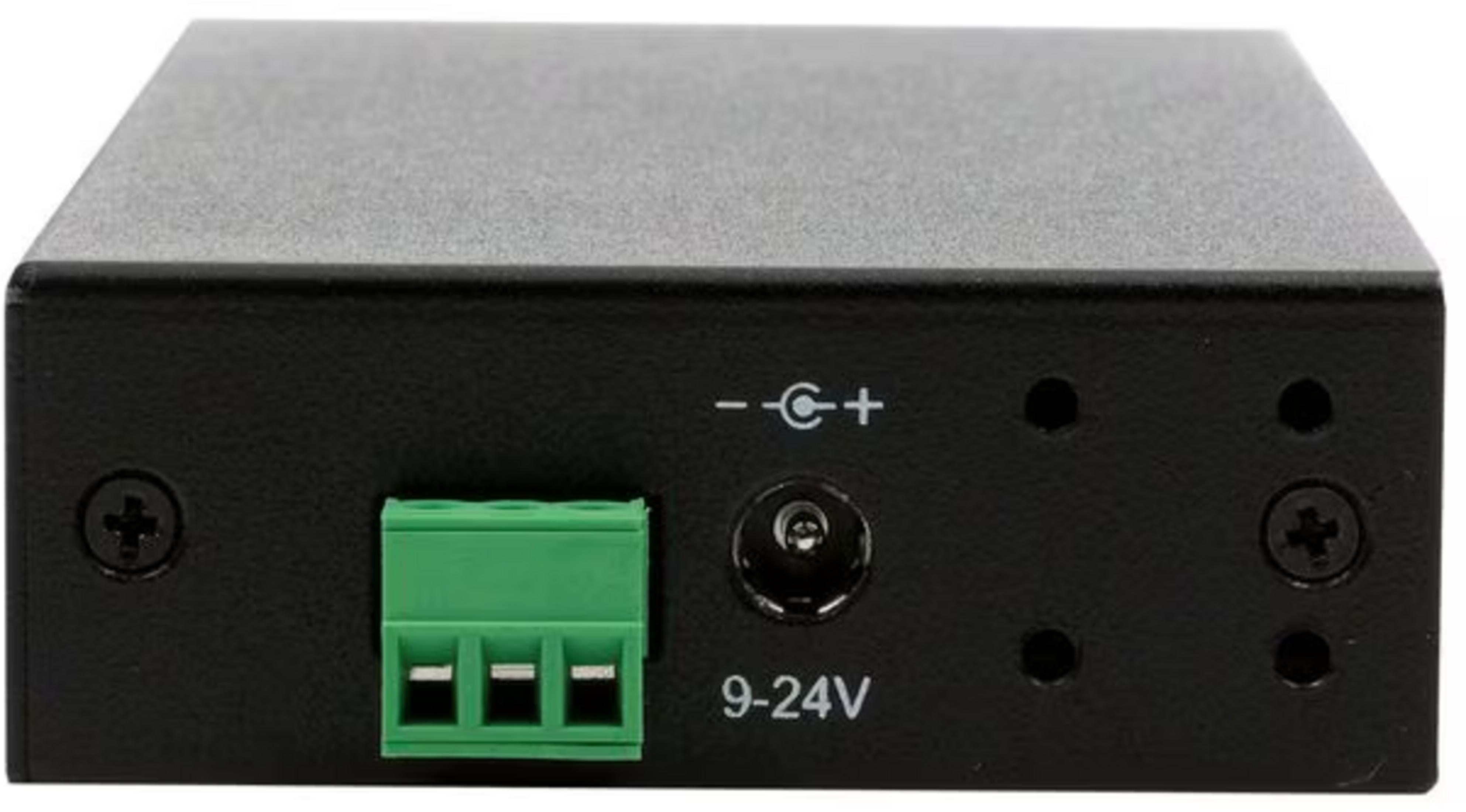 Boîtier noir avec connecteurs : borne verte, prise d'alimentation, 9-24V.