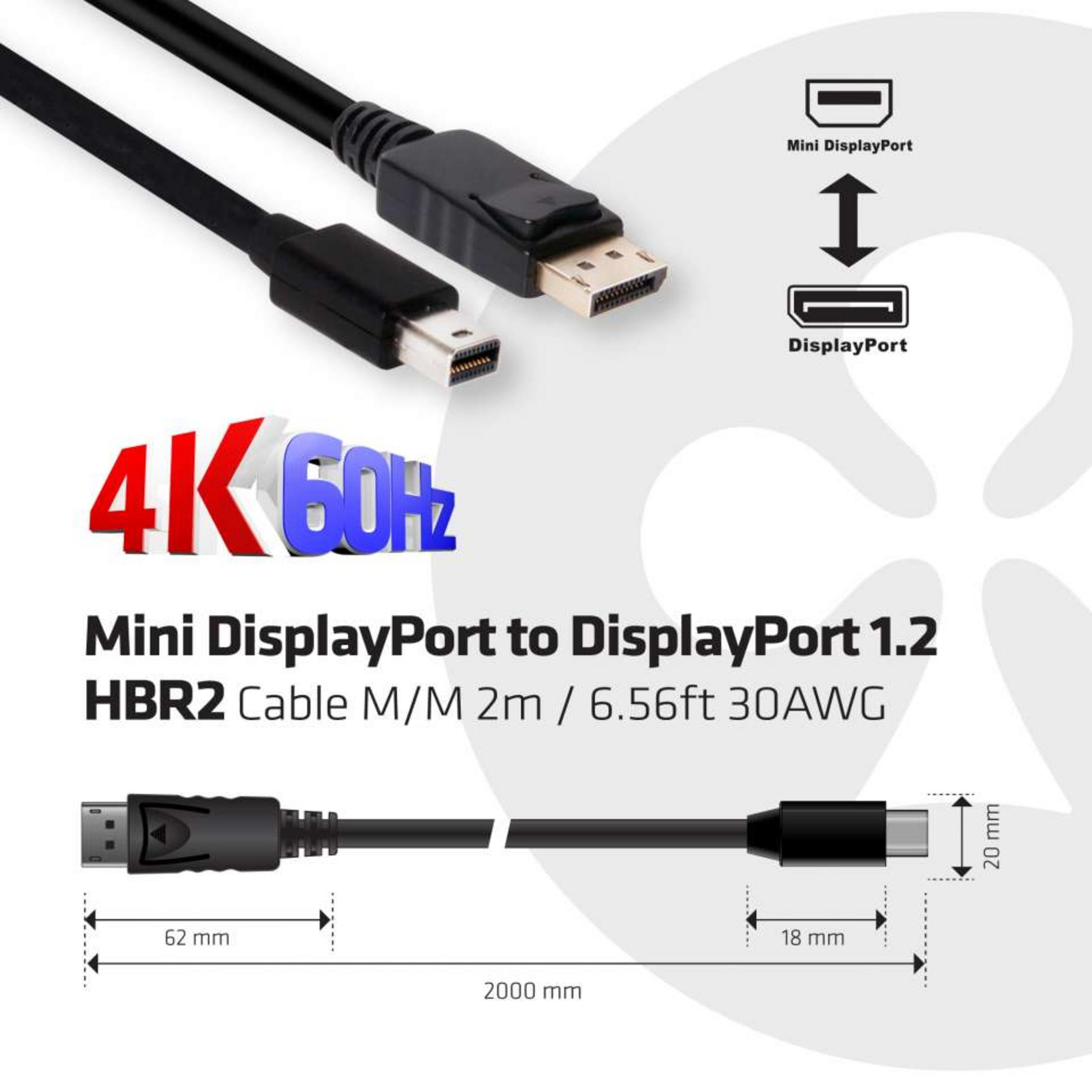 Câble Mini DisplayPort vers DisplayPort, 2m. 4K 60Hz.