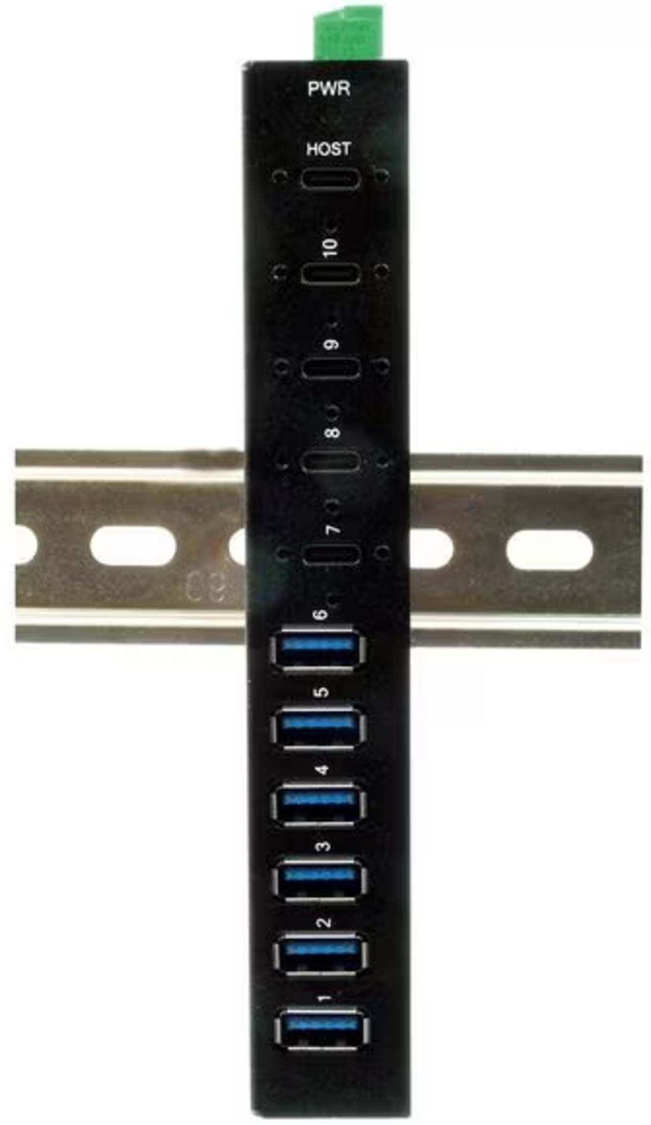 Hub USB noir 10 ports avec ports USB bleus, monté sur rail DIN.