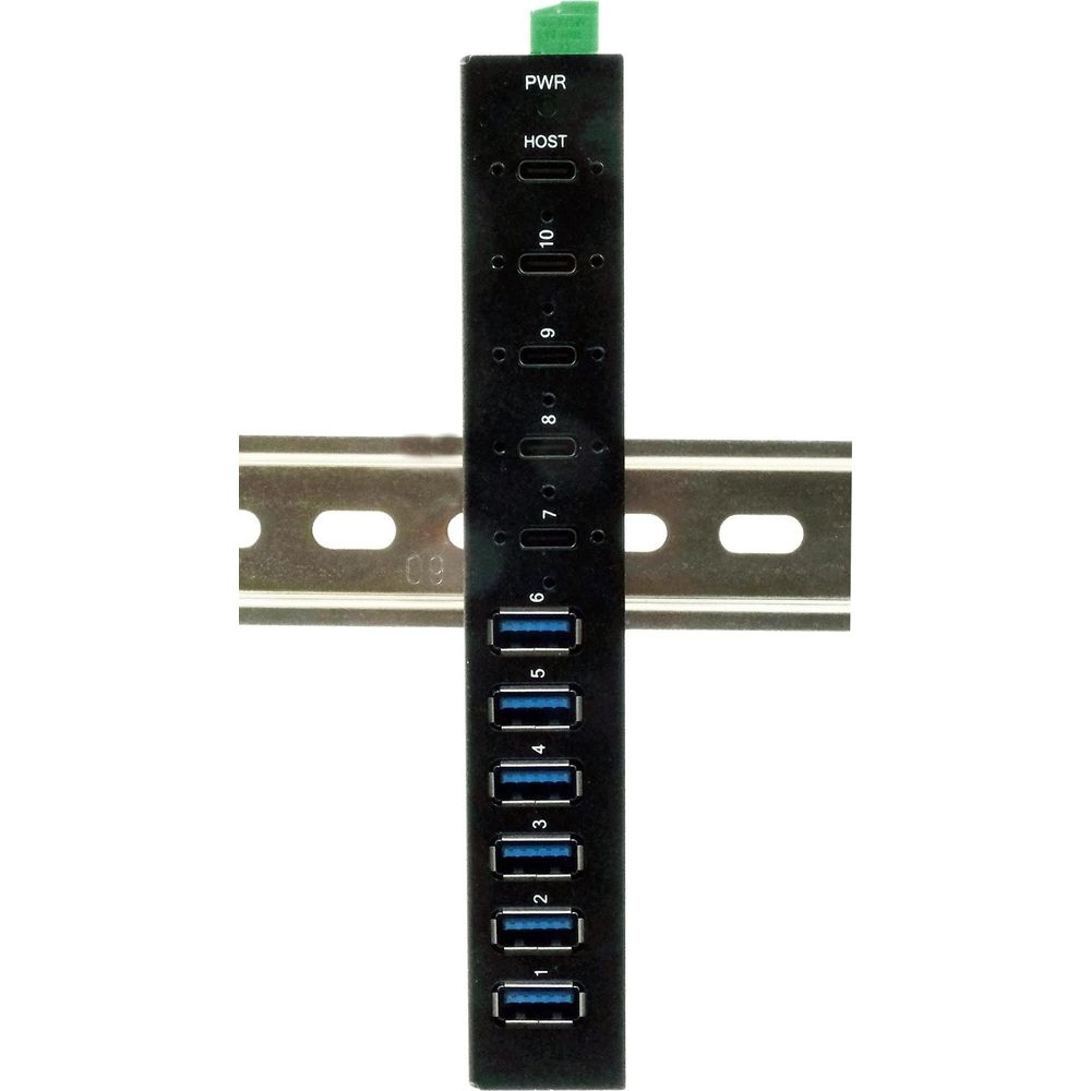 Hub USB noir 10 ports avec indicateurs d'alimentation et hôte, monté sur rail DIN.