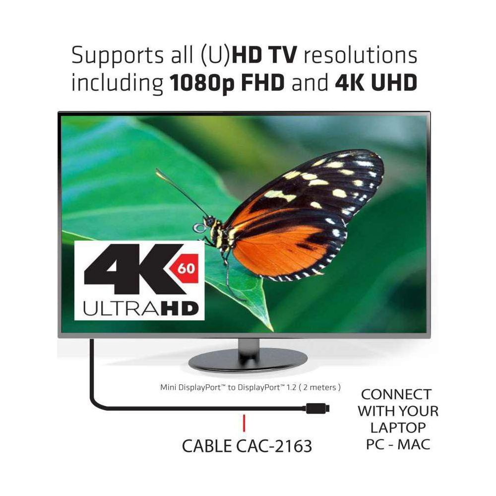 Un moniteur affiche un logo 4K UHD, un papillon et du texte sur les résolutions.
