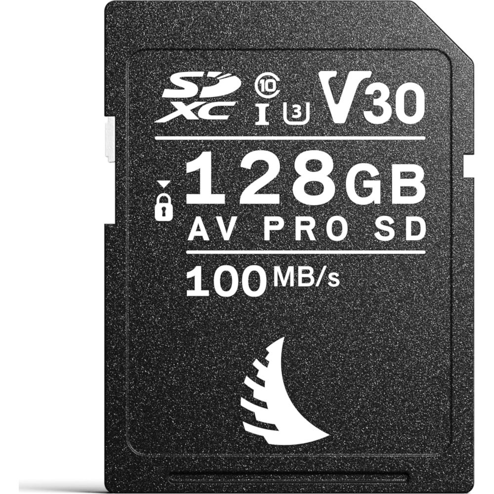 Schwarze SD-Karte mit 128 GB, V30, 100 MB/s und einem weißen Logo.