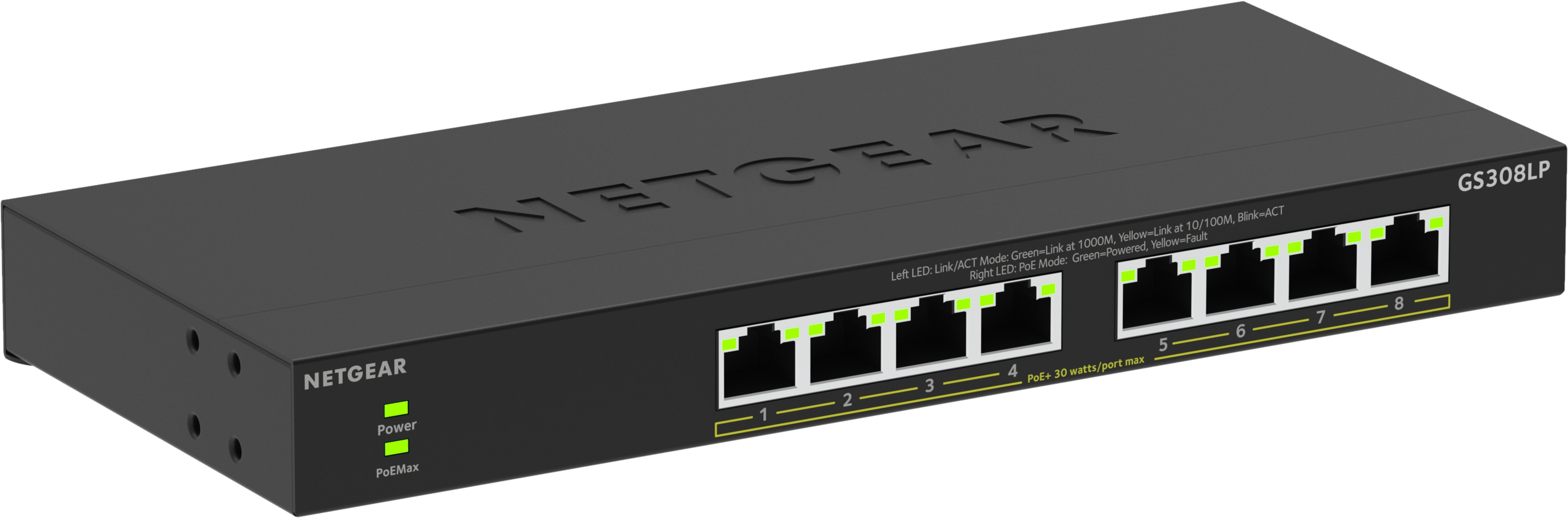 Switch Netgear GS308LP nero con 8 porte. LED Power e PoEMax verdi.