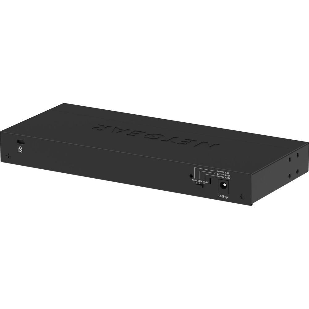 Uno switch di rete NETGEAR nero con porte e specifiche di alimentazione.