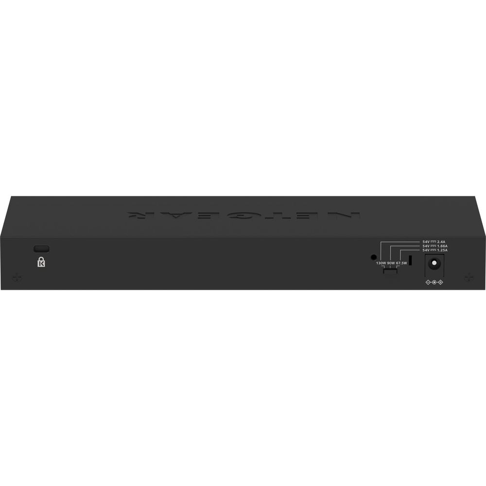 Dispositivo NETGEAR nero con porte posteriori e specifiche di alimentazione.