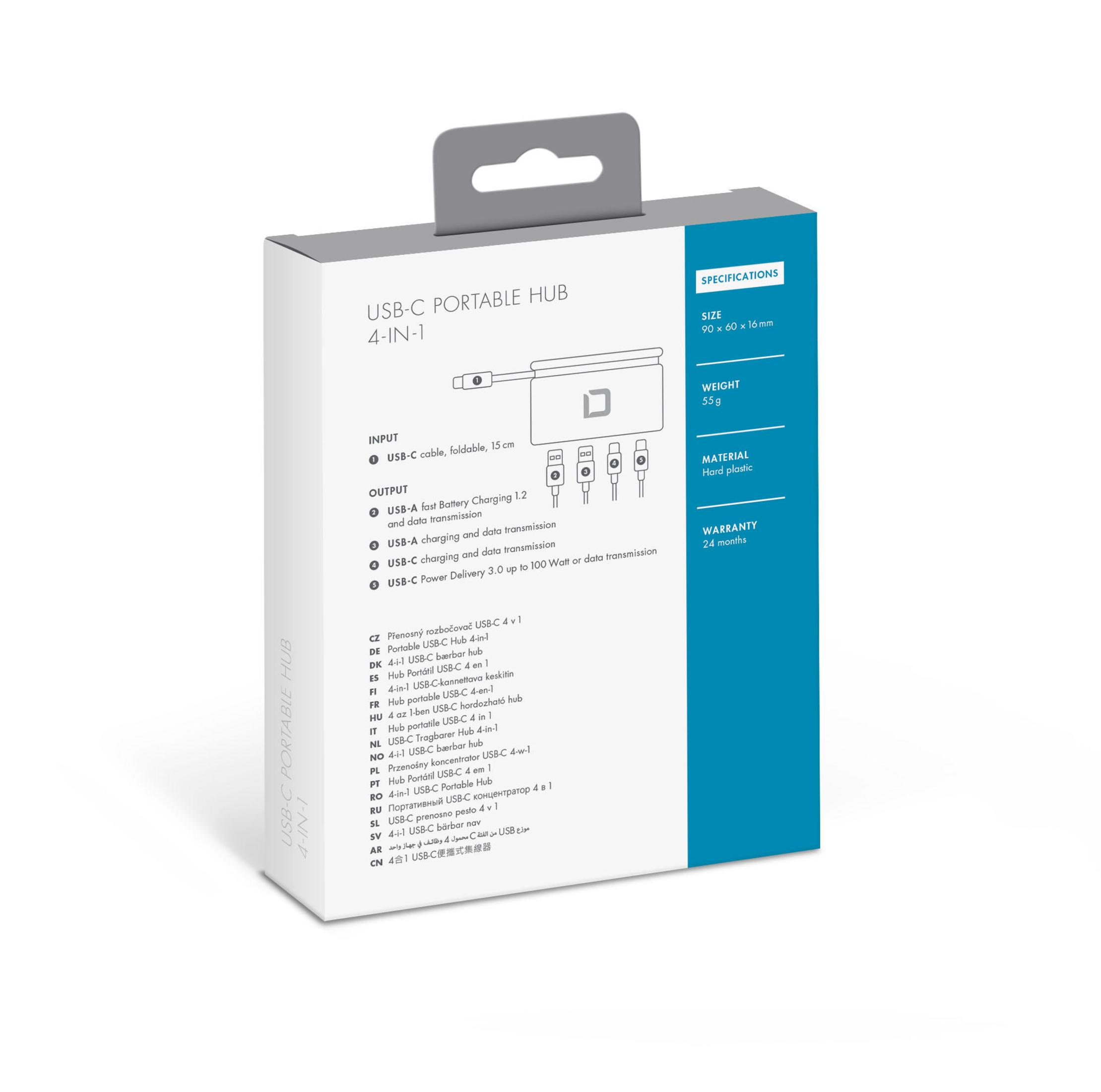 Verpackung eines USB-C Hubs 4-in-1 mit Spezifikationen und Anschlüssen.