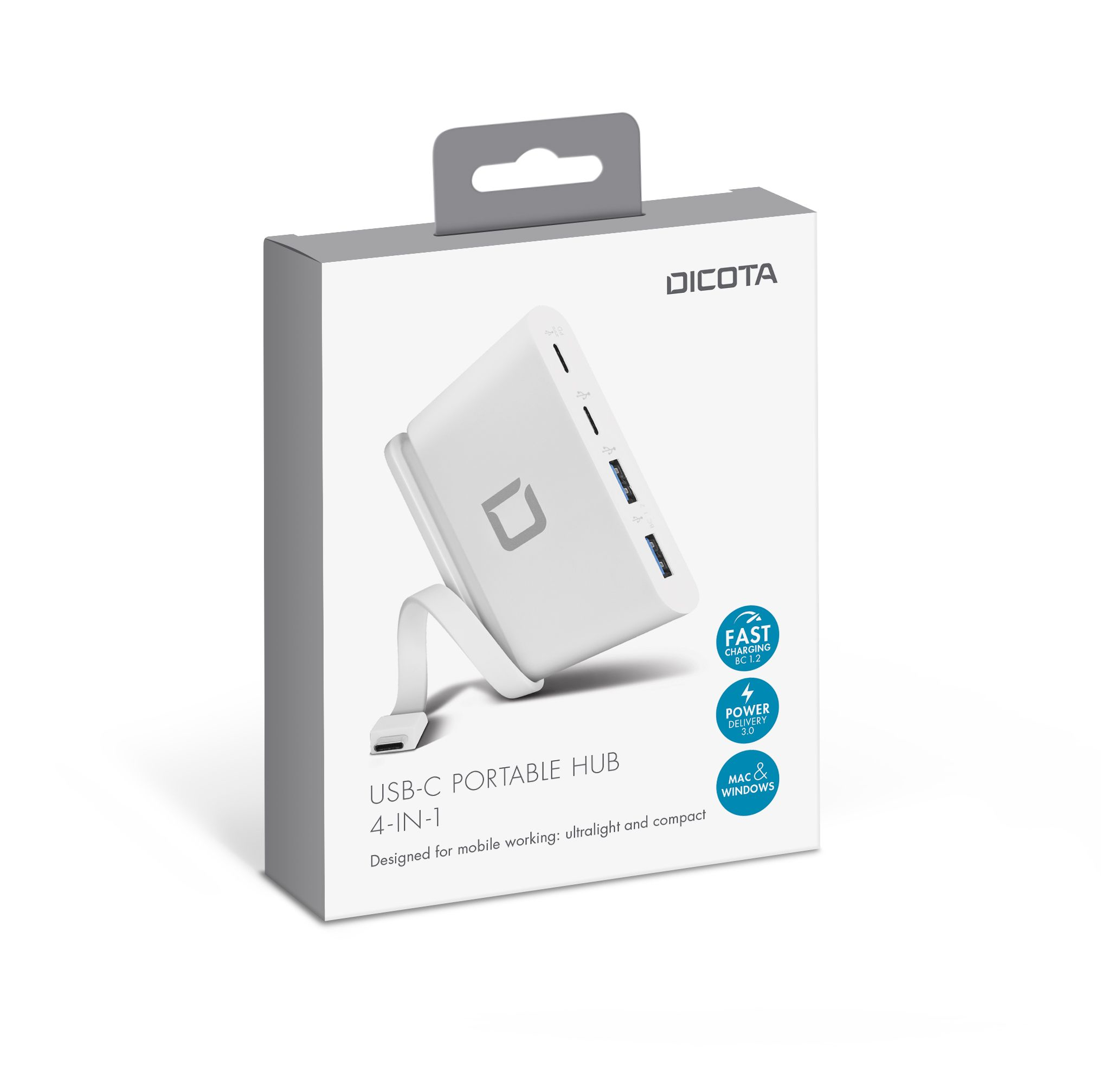 Weiße Dicota USB-C 4-in-1 Hub-Verpackung mit Produktbild.
