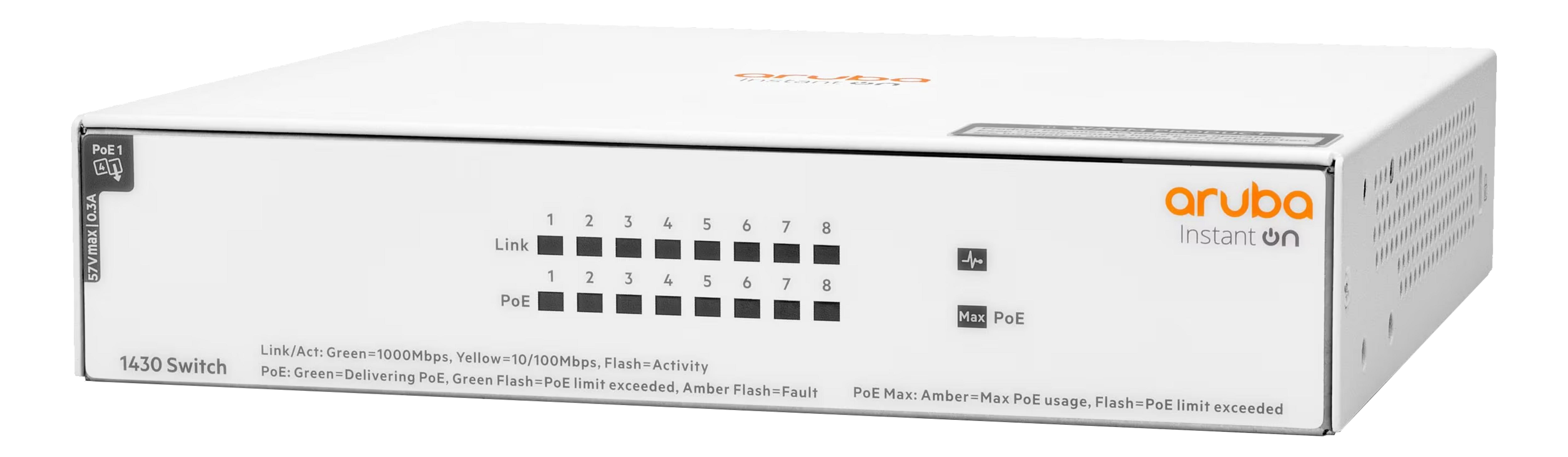 Ein weißer Aruba 1430 Switch mit 8 Ports und Status-LEDs.