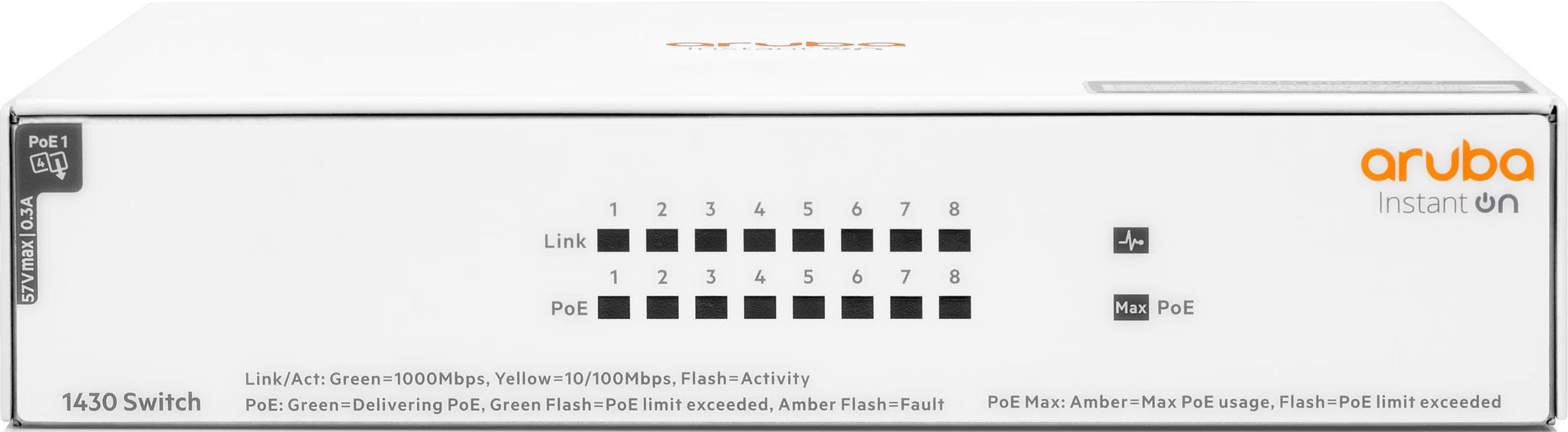 Aruba 1430 Switch mit 8 Ports, Link/PoE-LEDs, Max PoE-Anzeige.