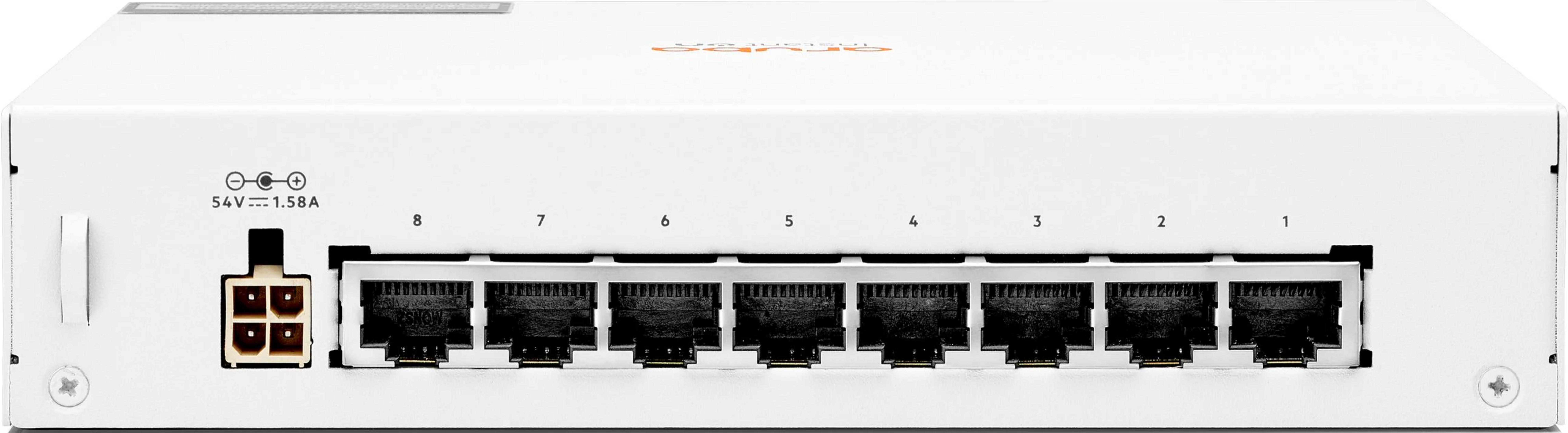 Ein weißer Netzwerk-Switch mit 8 Ports und einem 4-poligen Stromanschluss.