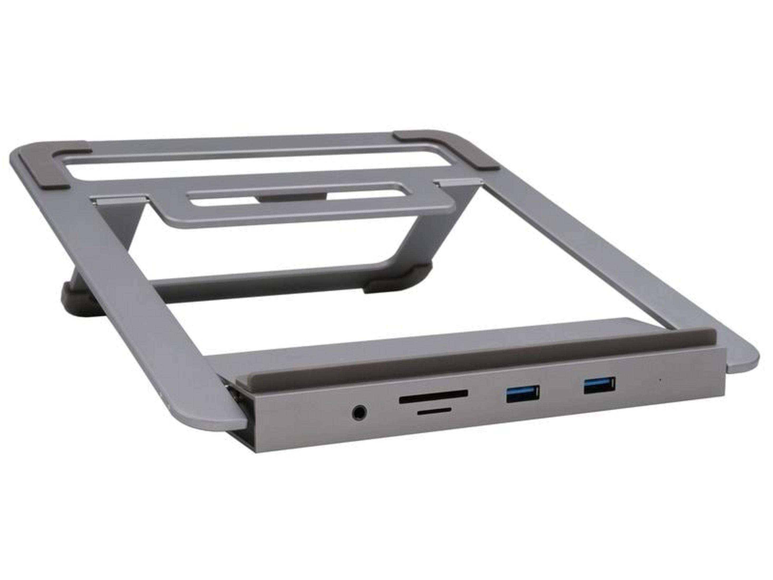 Grauer Laptop-Ständer mit integriertem Hub mit USB-Anschlüssen und SD-Kartenleser.