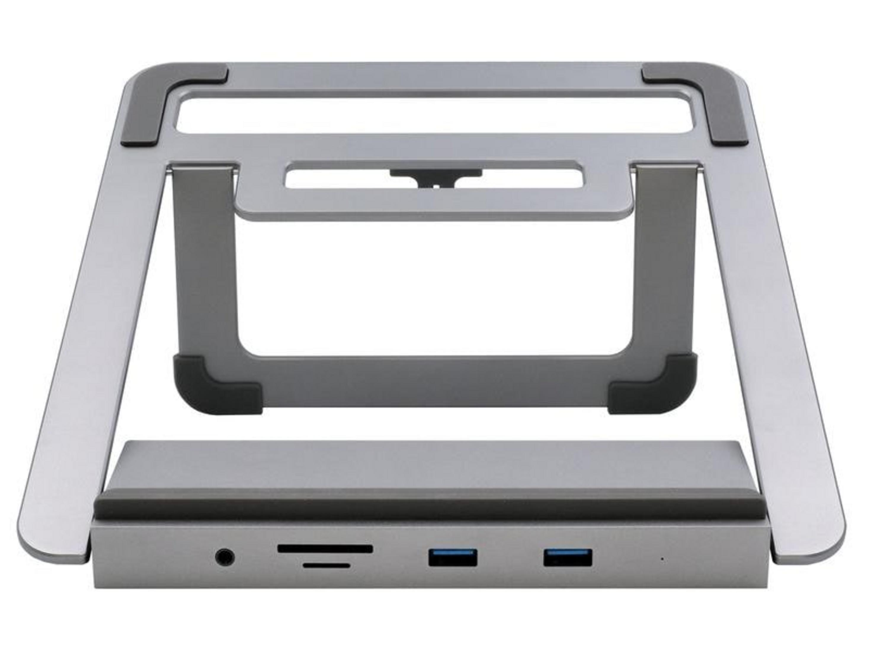 Silberner Laptop-Ständer mit integrierter Dockingstation und USB-Anschlüssen.