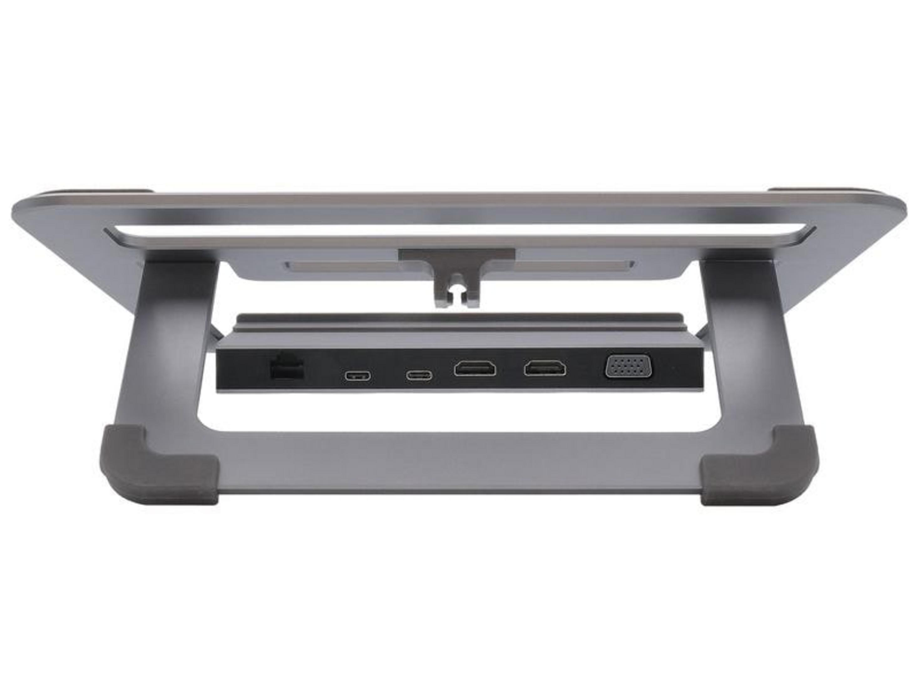 Ein silberner Laptop-Ständer mit integriertem Dockingstation-Anschlussfeld.