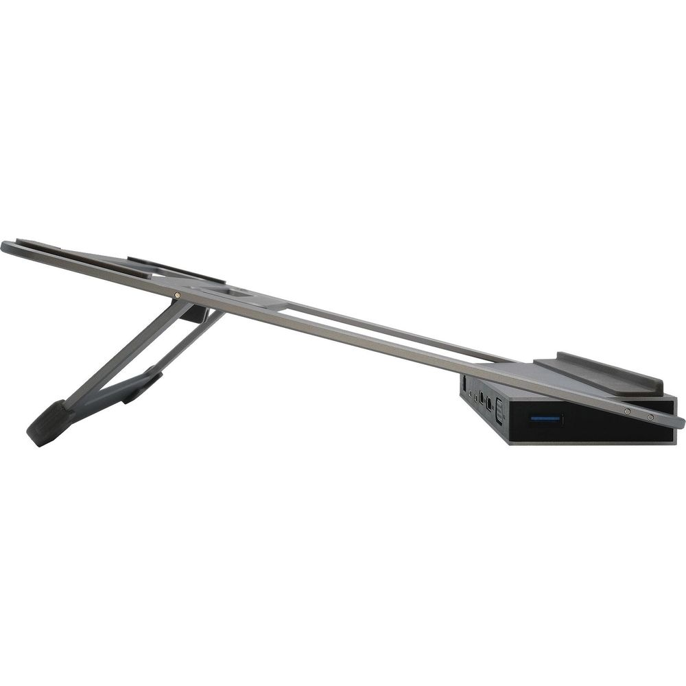 Ein zusammenklappbarer Laptopständer aus Metall mit einem integrierten USB-Hub an der Basis.
