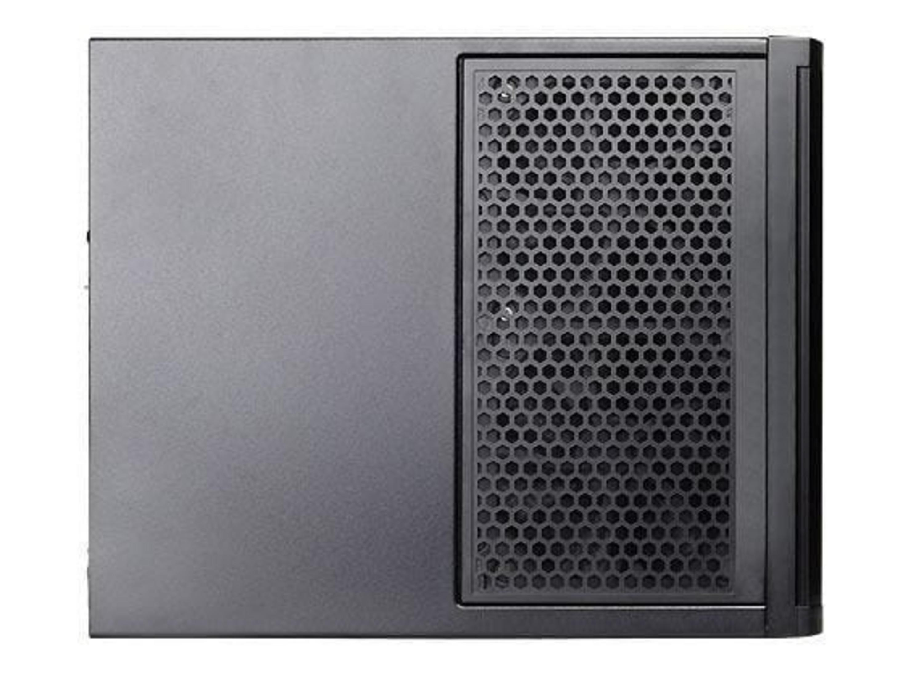 Schwarzes Computergehäuse mit Wabenmuster-Lüftungsgitter.