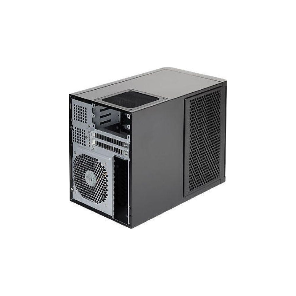 Schwarzes Computergehäuse mit Lüfter und Lüftungsschlitzen.