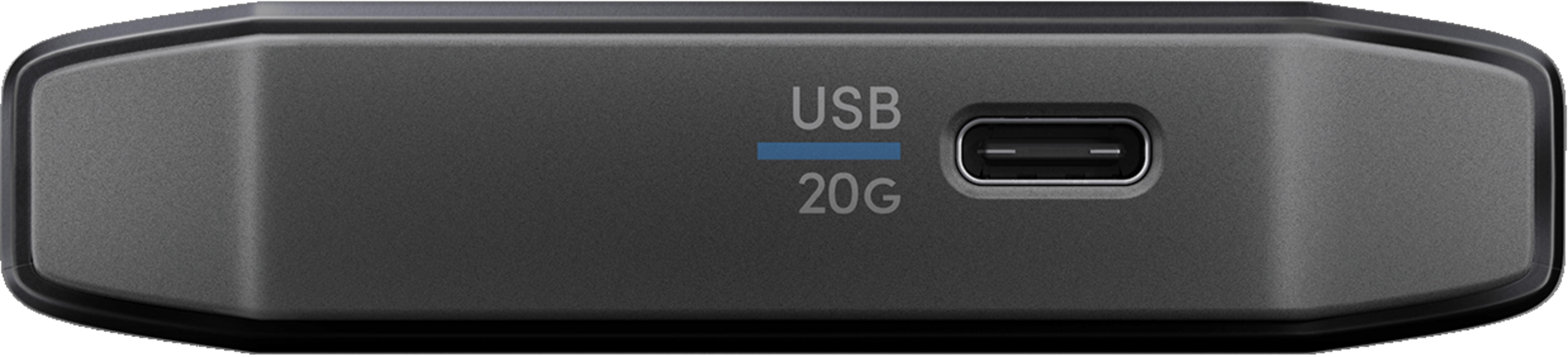 Custodia grigia con porta USB-C ed etichetta 20G.