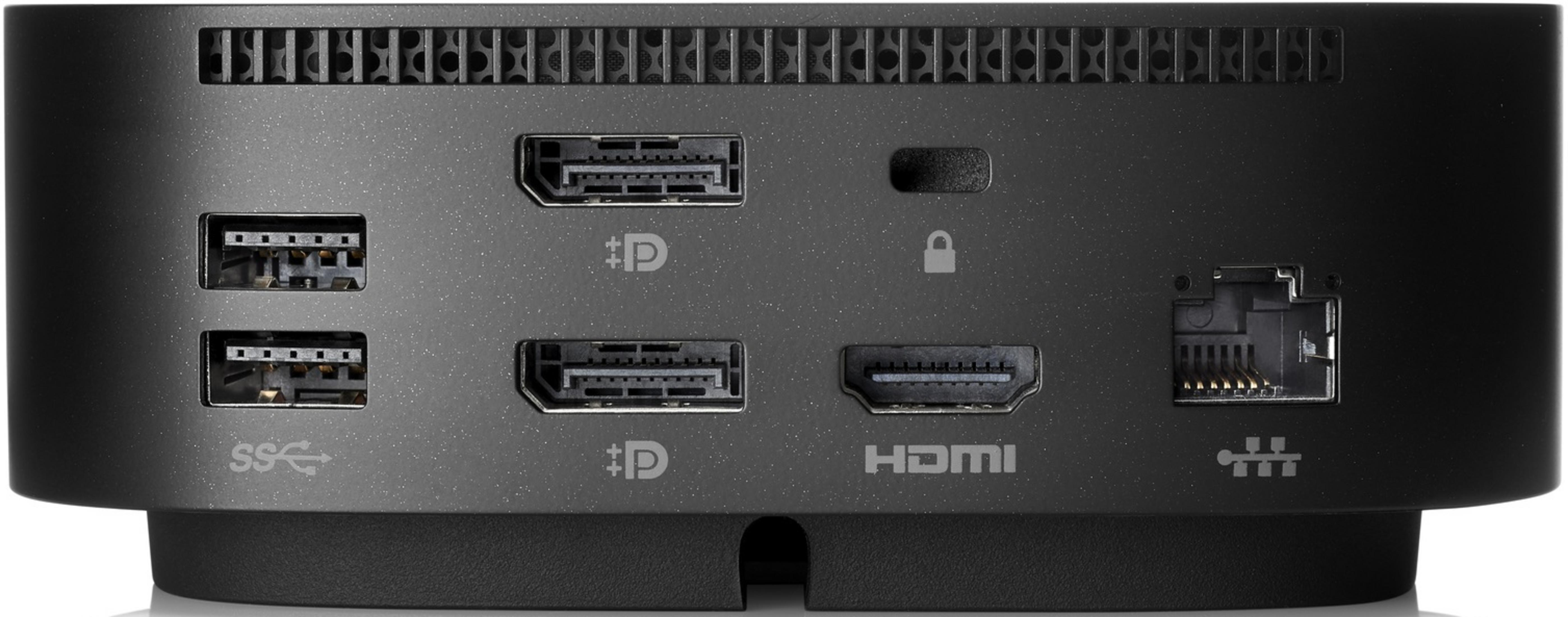 Rückseite eines schwarzen Docking-Hubs mit USB-, DisplayPort-, HDMI- und Ethernet-Anschlüssen.