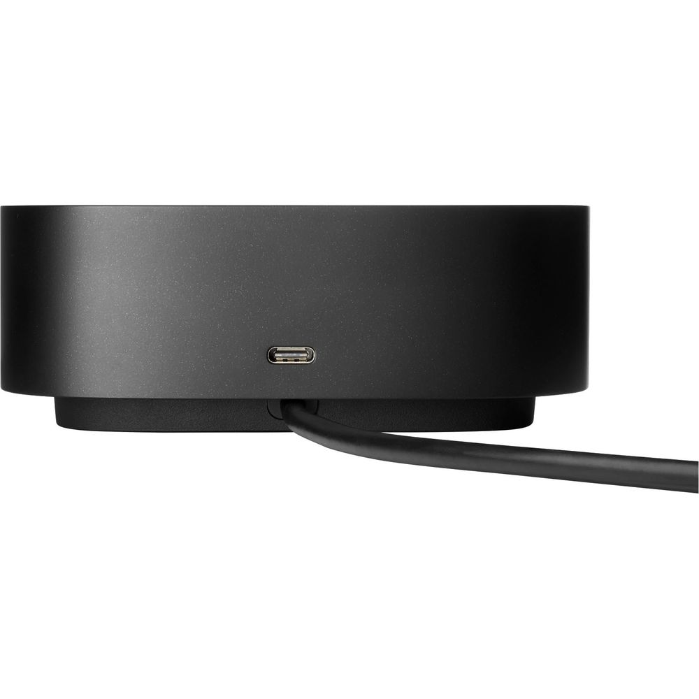 Schwarzes Gerät mit USB-C-Anschluss und Kabel auf weißem Hintergrund.