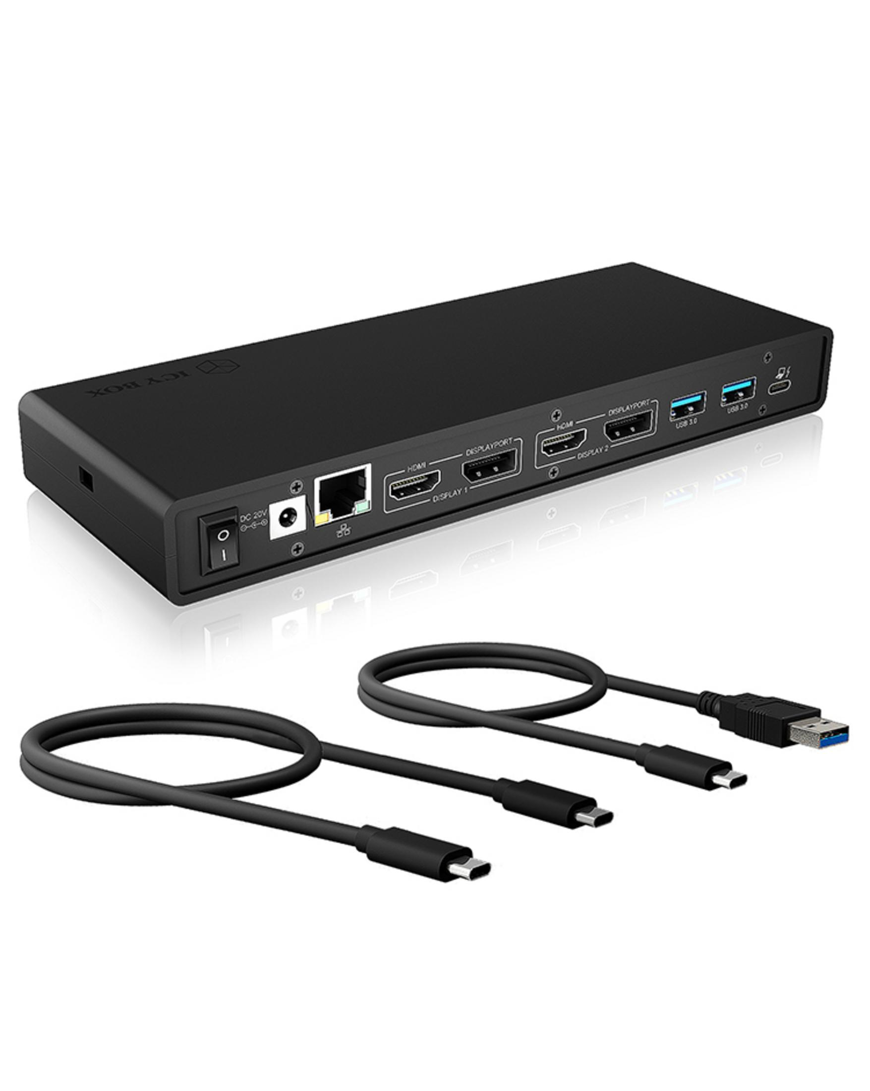 Schwarzer Docking-Hub mit Ports und zwei USB-C-Kabeln.