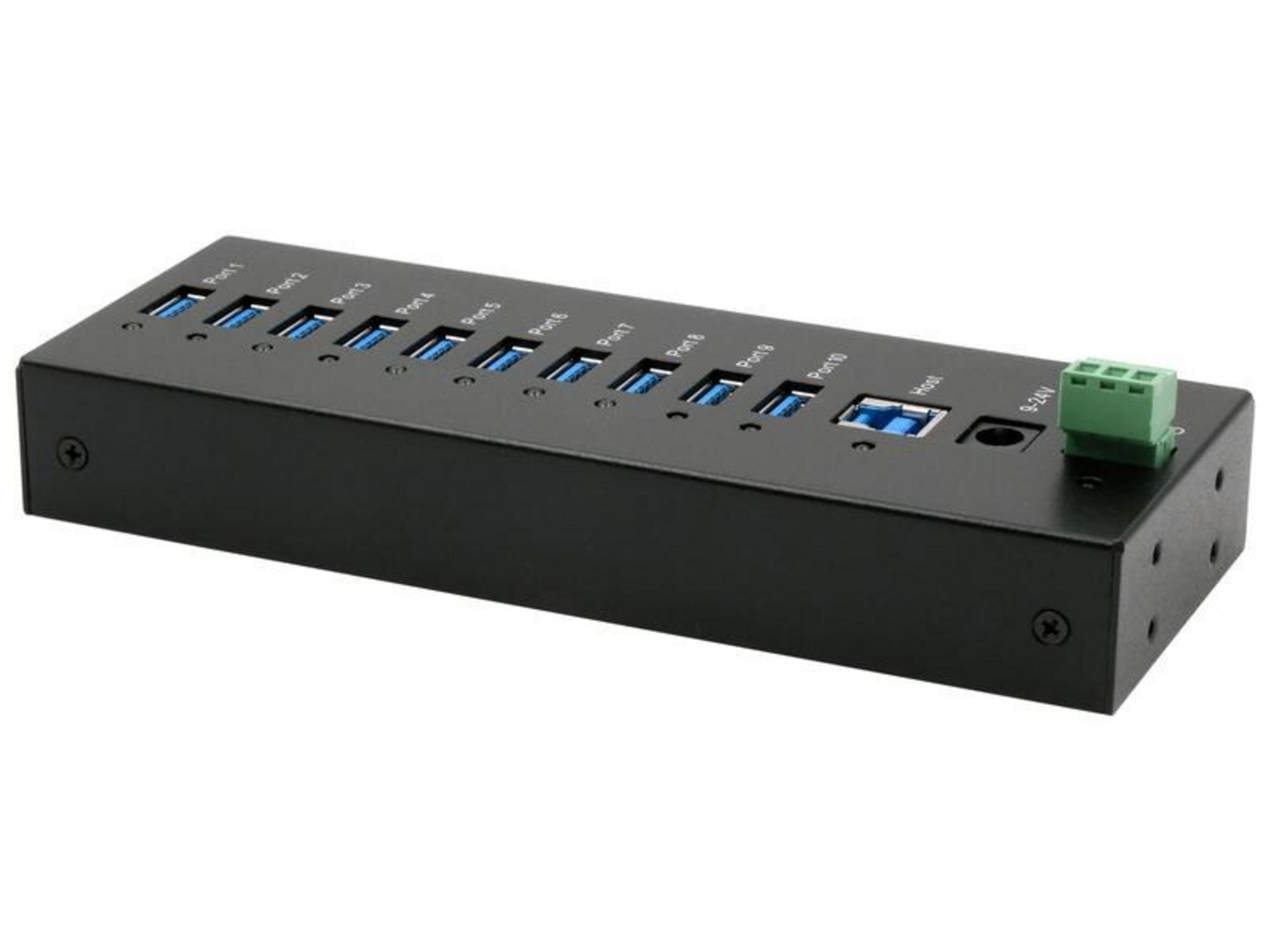 Hub USB nero a 10 porte con morsetto di alimentazione verde.