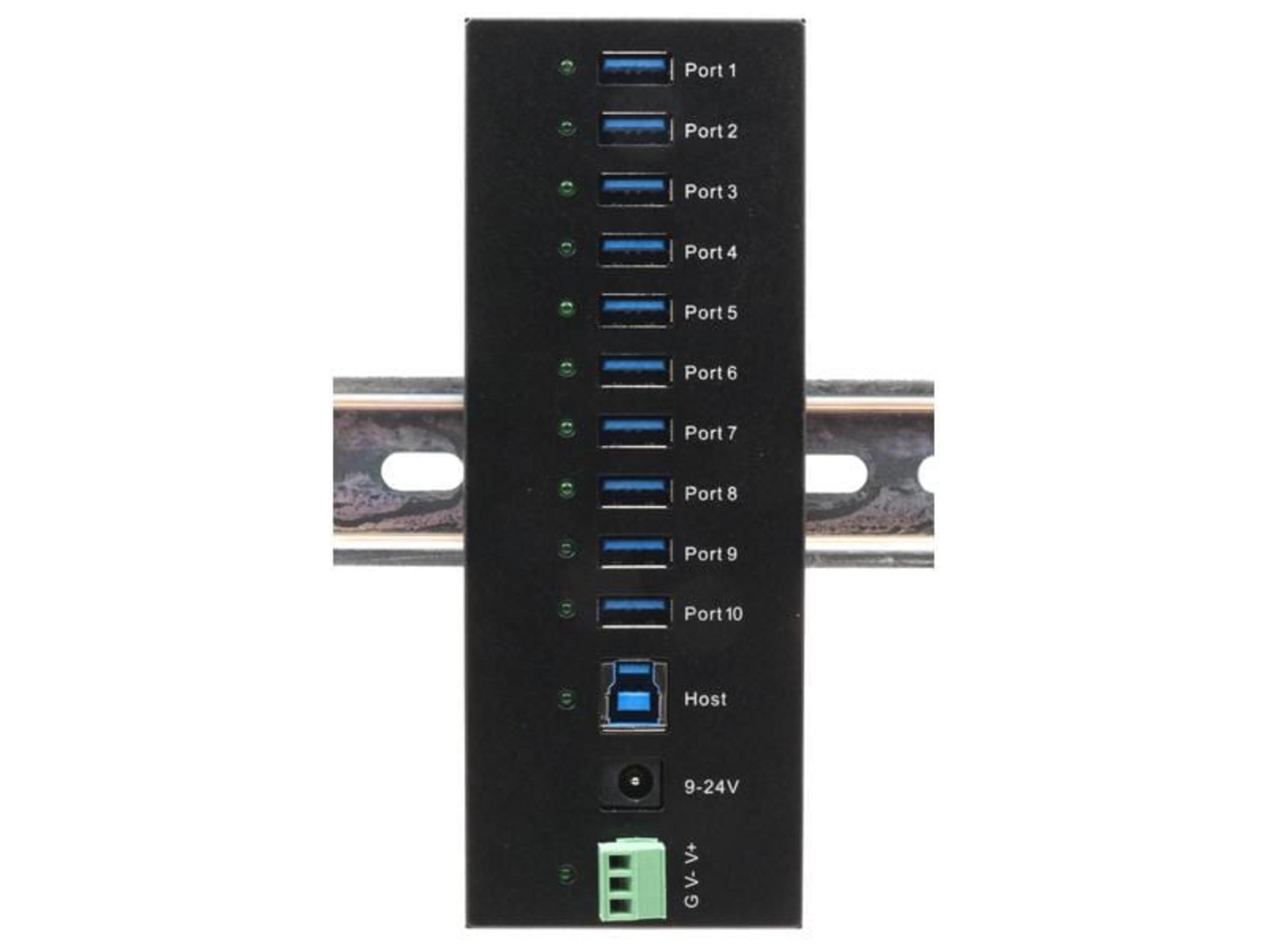 Hub USB nero a 10 porte con porte blu, montato su guida DIN.