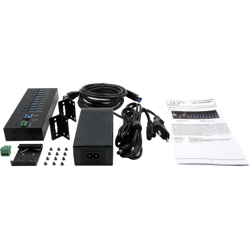 Un hub USB nero a 10 porte con alimentatore, cavi, viti e manuale.