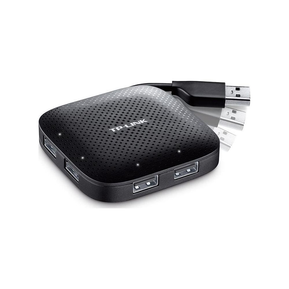 Hub USB nero con quattro porte, parte superiore perforata e un cavo USB.