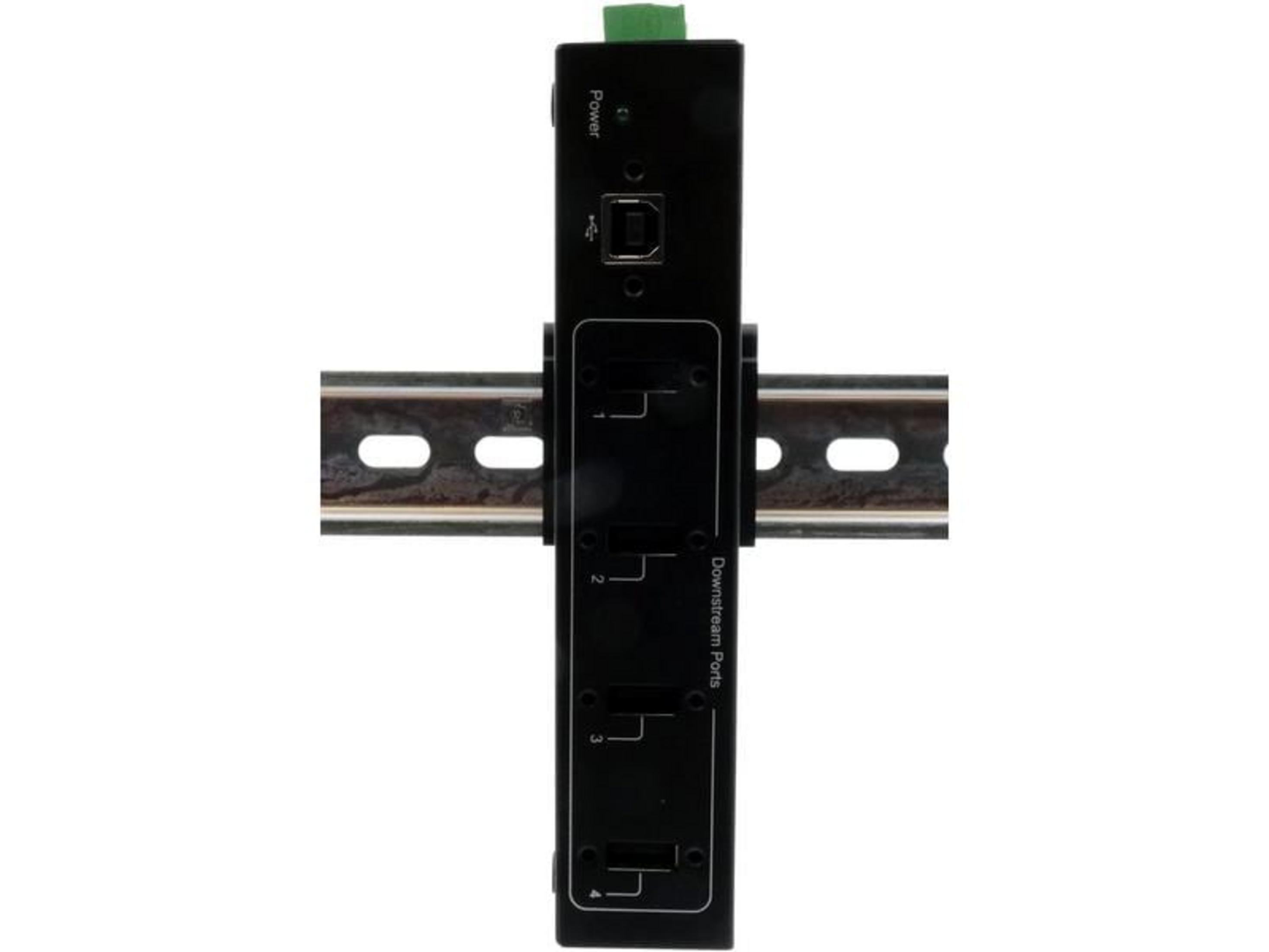 Schwarzes Gerät mit USB-Anschluss, montiert auf einer DIN-Schiene.