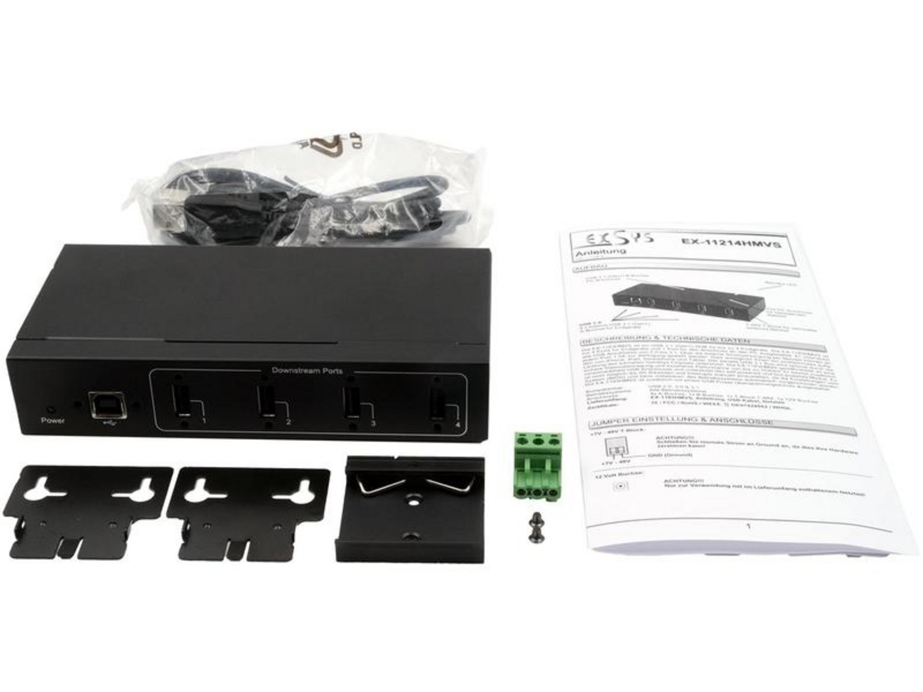 Schwarzer 4-Port USB-Hub mit Stromkabel, Montagehalterungen und Anleitung.