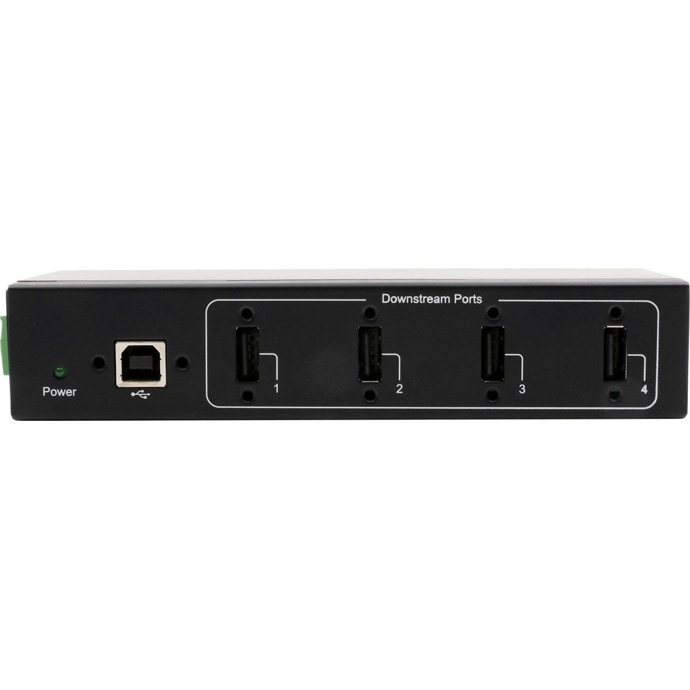 Ein schwarzes Gerät mit einem grünen Stromanschluss und vier USB-A-Ports.