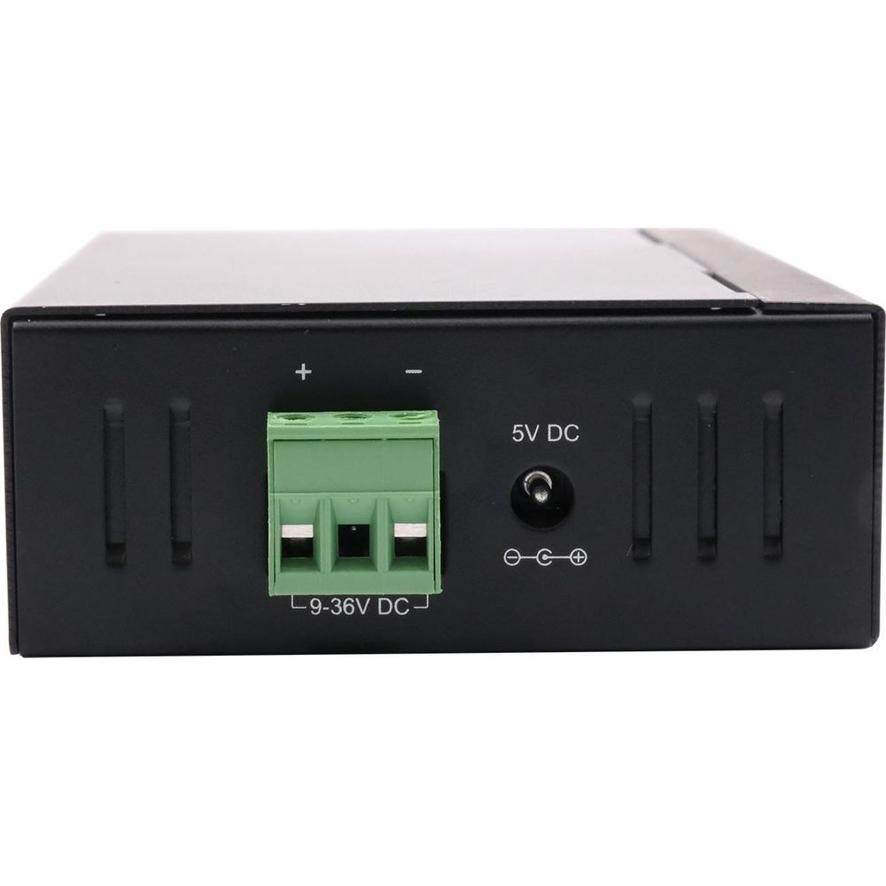 Schwarzes Gehäuse mit Anschlüssen: 9-36V DC Klemmenblock und 5V DC Hohlstecker.